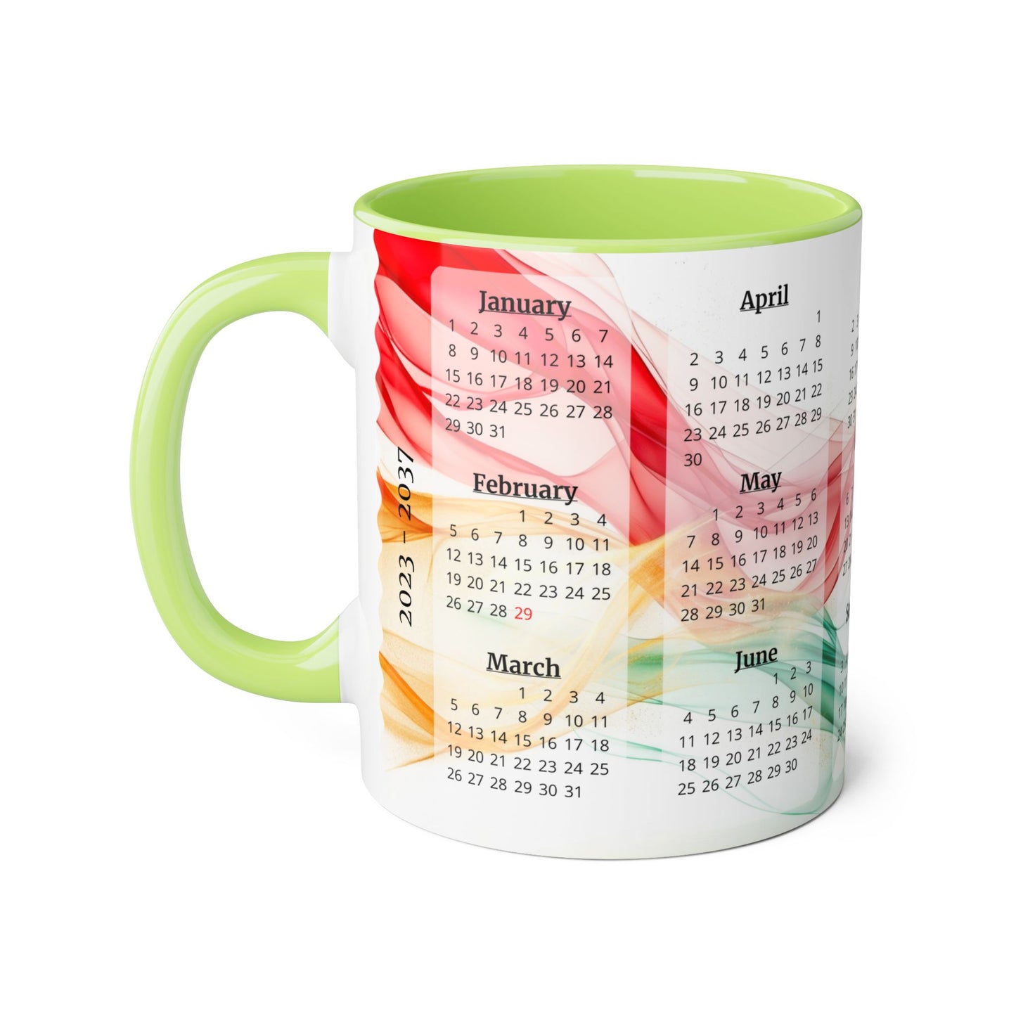 Seta Italiana, 15 Year Calendar 2023 to 2037, Accent Mug (Small) (Light Green/Red/Yellow)