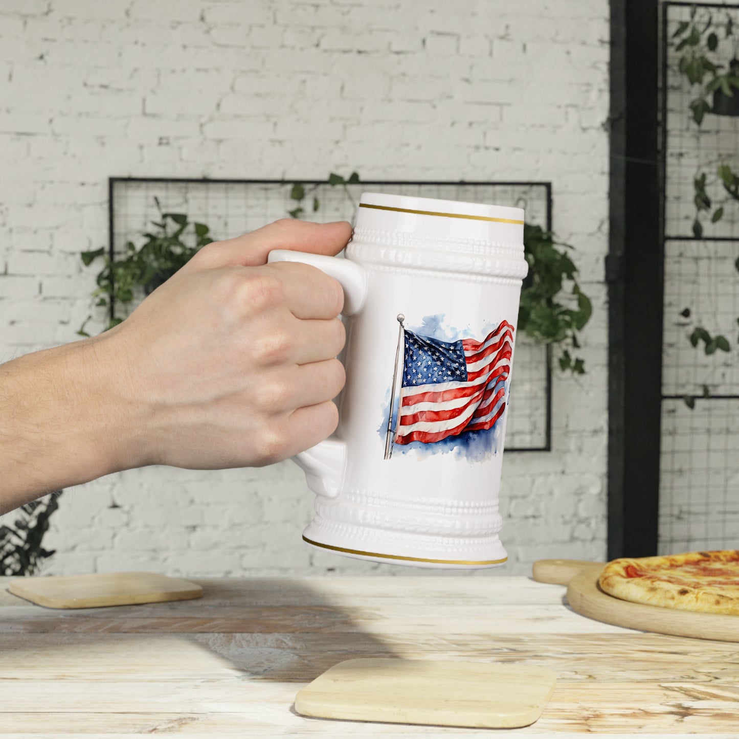 Watercolor American Flag in the Wind · Personalize It! Your Name and Font | Stein Mug.