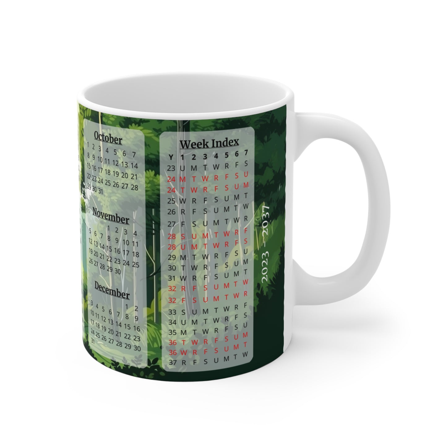 Green Forest, 15 Year Calendar 2023 to 2037, Ceramic Mug (Small)