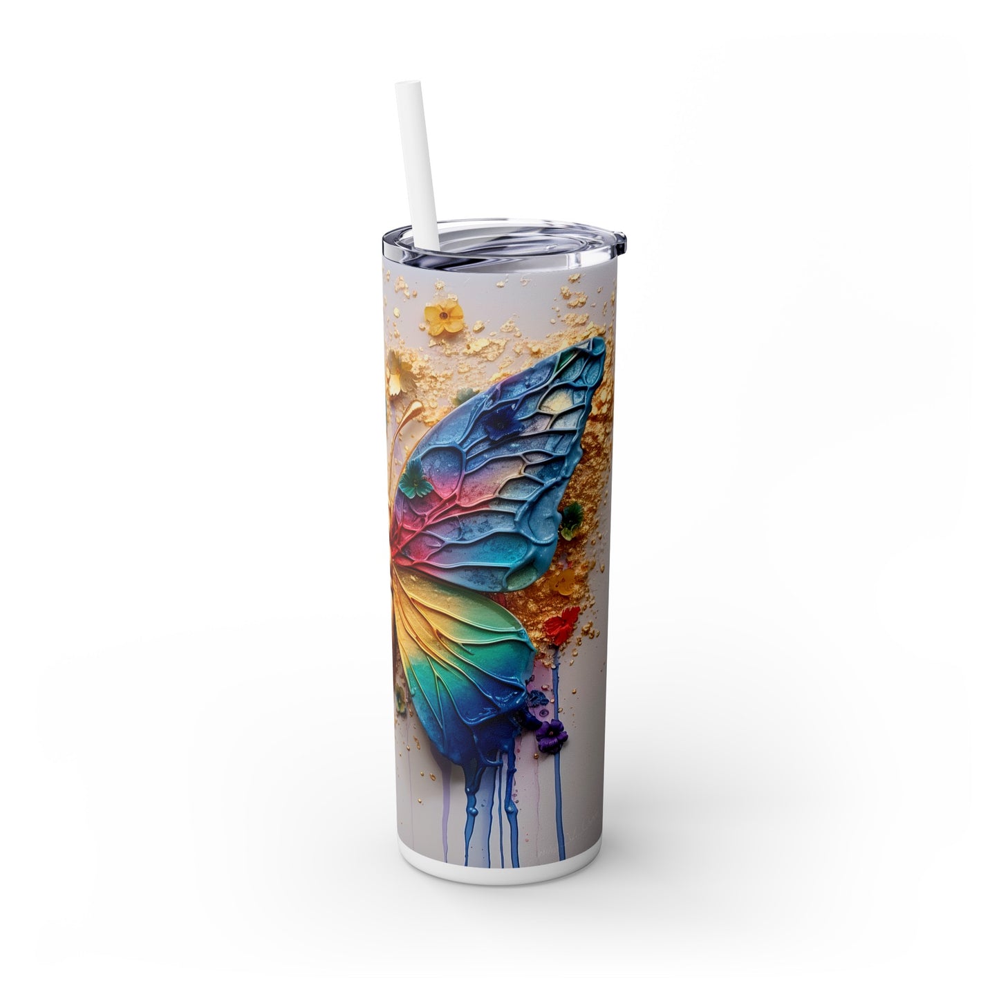 3D Butterfly in Gold and Paint, Skinny Tumbler with Straw