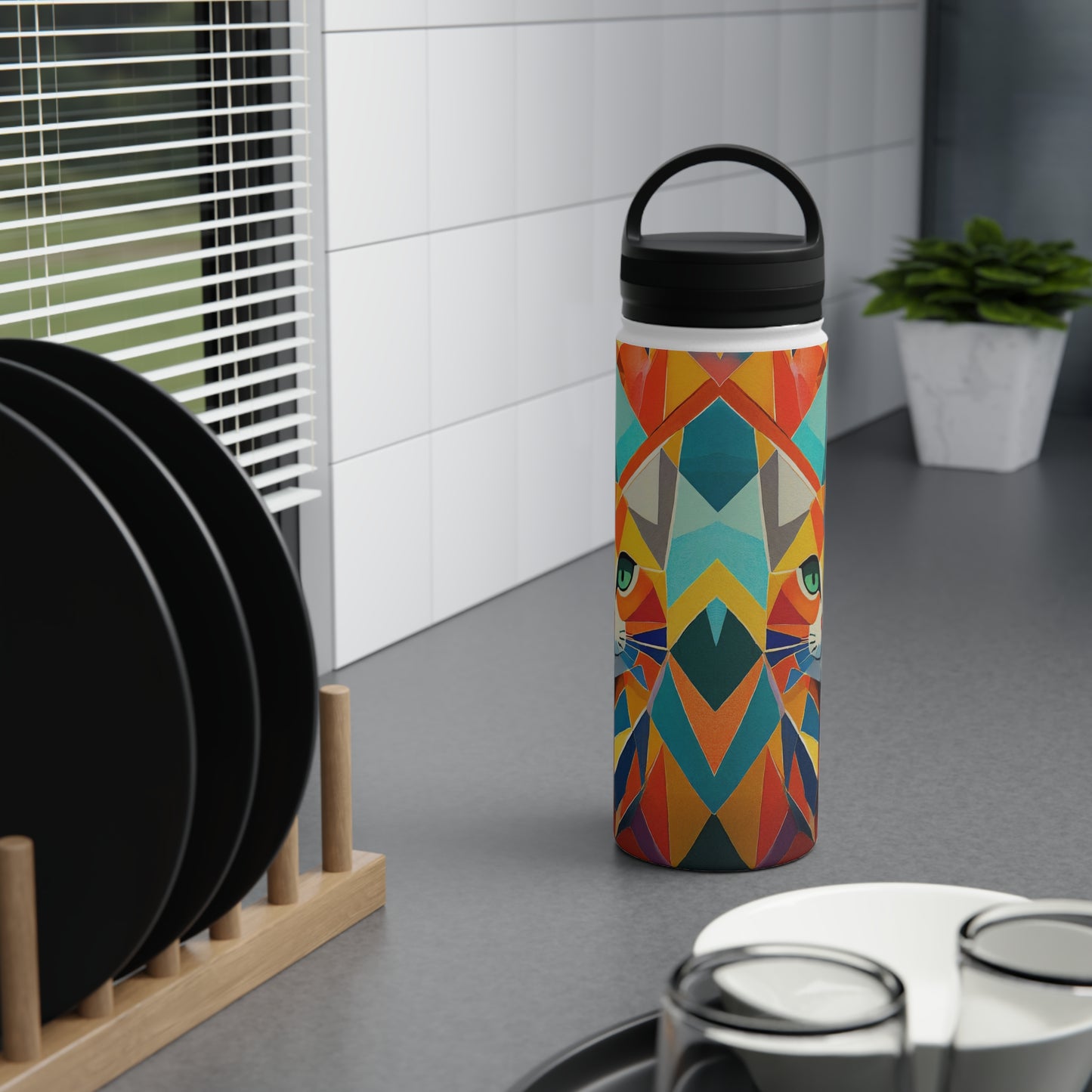 Geometric Feline Fusion | Stainless Steel Water Bottle Handle Lid (Small/Medium)