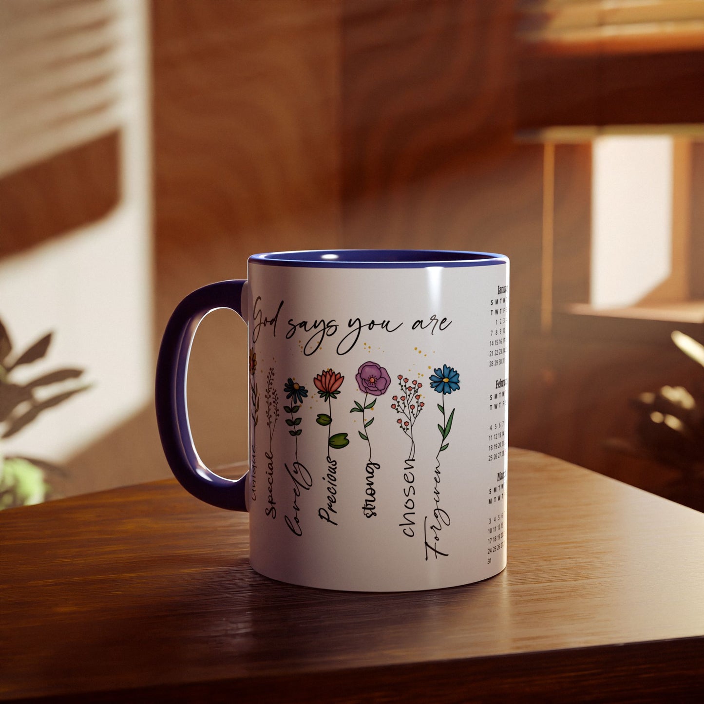 God Says You Are (Flowers), 2 Year Calendar 2024 to 2025, Accent Mug (Small) (Black/Blue/Light Green/Pink/Red/Yellow)