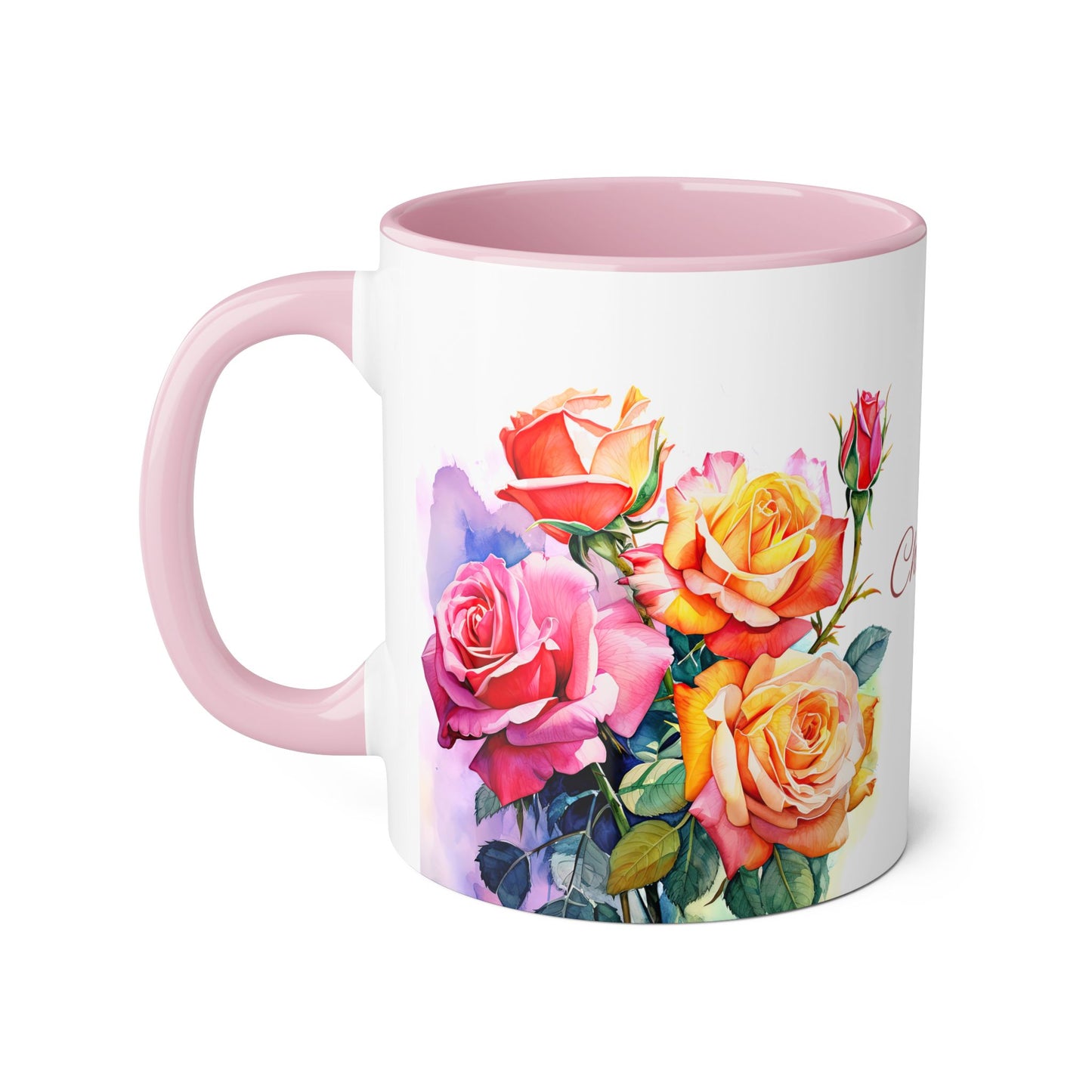 Roses Pink and Yellow · Personalize It! Your Name, Font and Color | Accent Mug (Small) (Light Green/Pink/Red/Yellow).