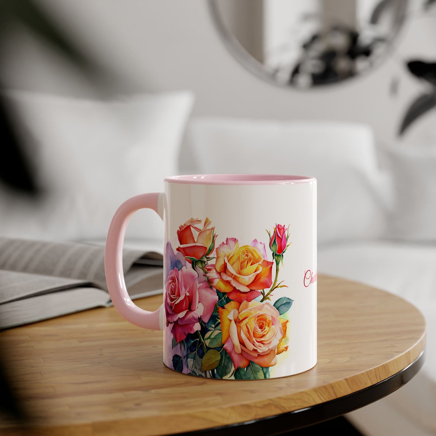 Roses Pink and Yellow: Personalize It! Your Name in Your Font Color | Accent Mug (Small)