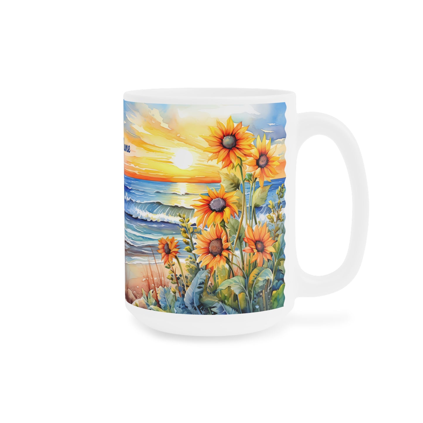 Sunset Beach Sunflowers Paradise: Personalize It! Your Name, Font and Color | Ceramic Mug (Small/Medium/Large) 🇨🇦🇺🇸