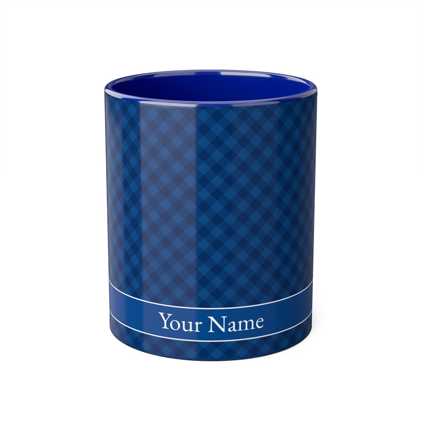 Navy Blue Diagonal Plaid · Personalize It! Your Name | Accent Mug (Small) (Blue).