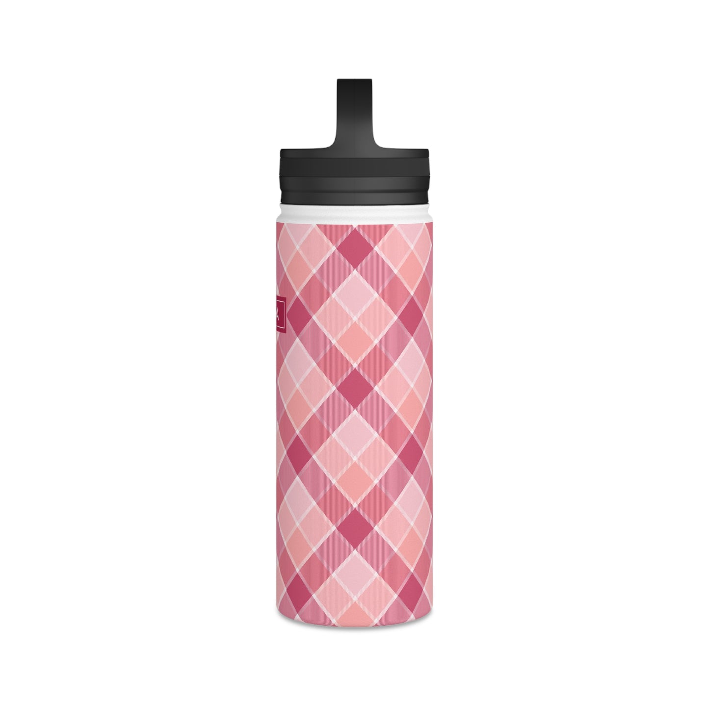 Pink Check No 5 Diagonal Plaid, Personalize It! Your Name, Stainless Steel Water Bottle Handle Lid (Small/Medium)