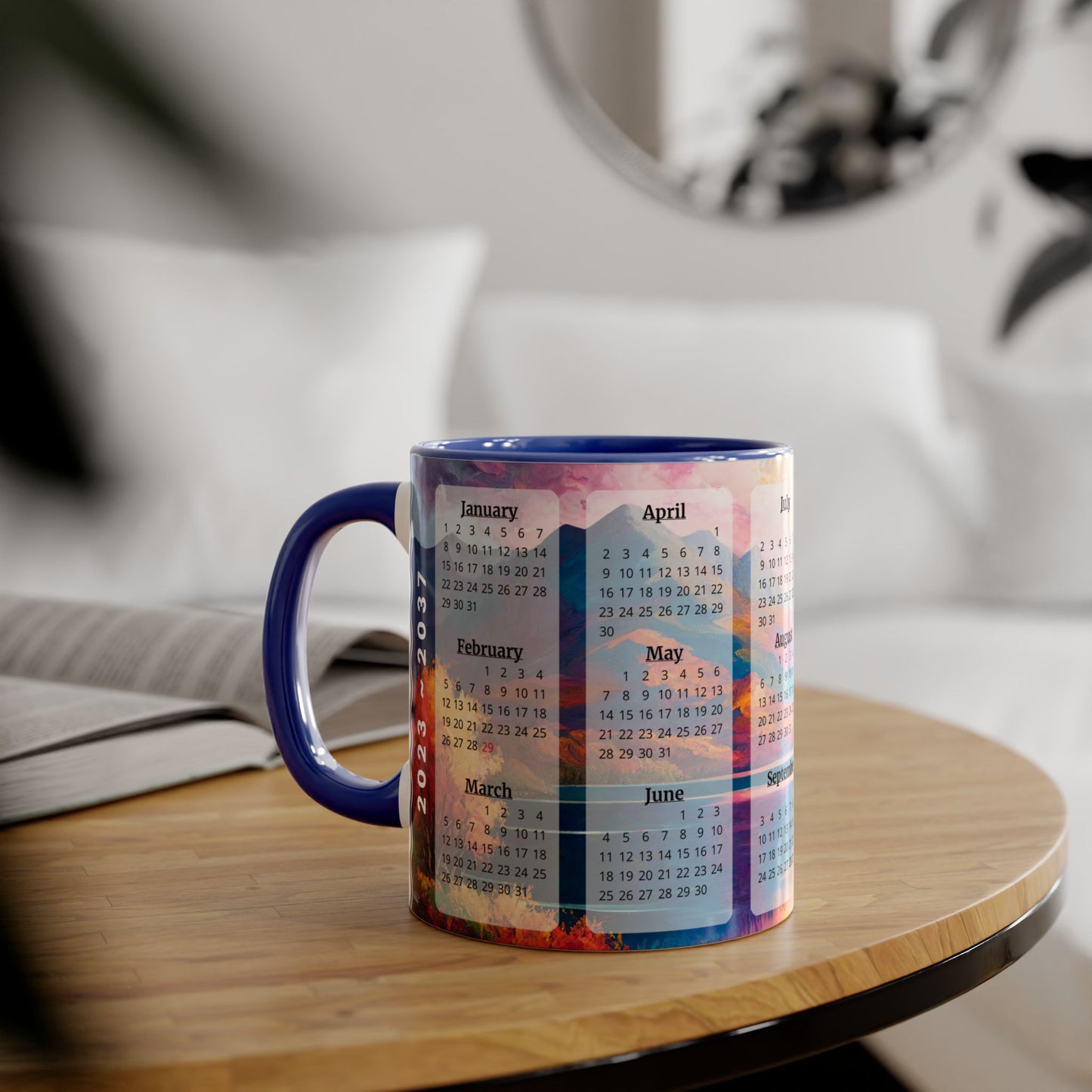 Autumn Lake · Calendar Mugs: 15-Year Calendar 2023 to 2037 | Accent Mug (Small) (Blue/Pink/Red/Yellow).