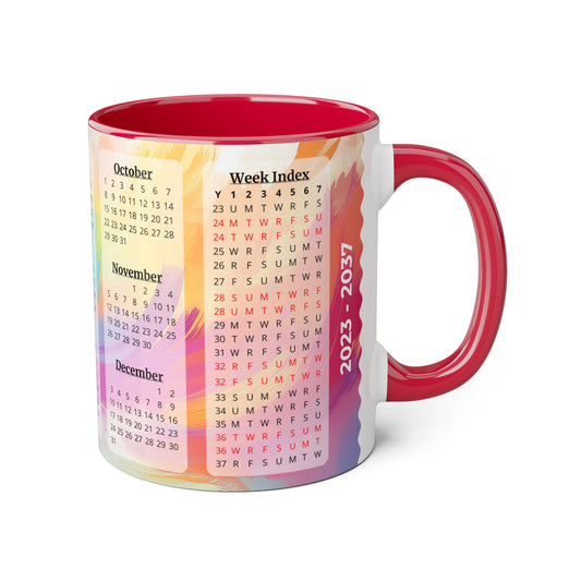 Palette of Pinks and Pastels · Calendar Mugs: 15-Year Calendar: 2023 to 2037 | Accent Mug (Small) (Pink/Red/Yellow).