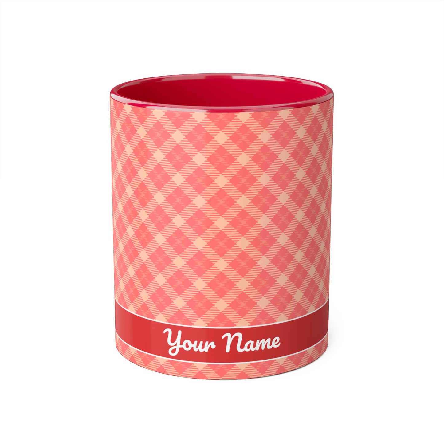 Coral Plaid Sunrise · Personalize It! Your Name and Font | Accent Mug (Small) (Red).