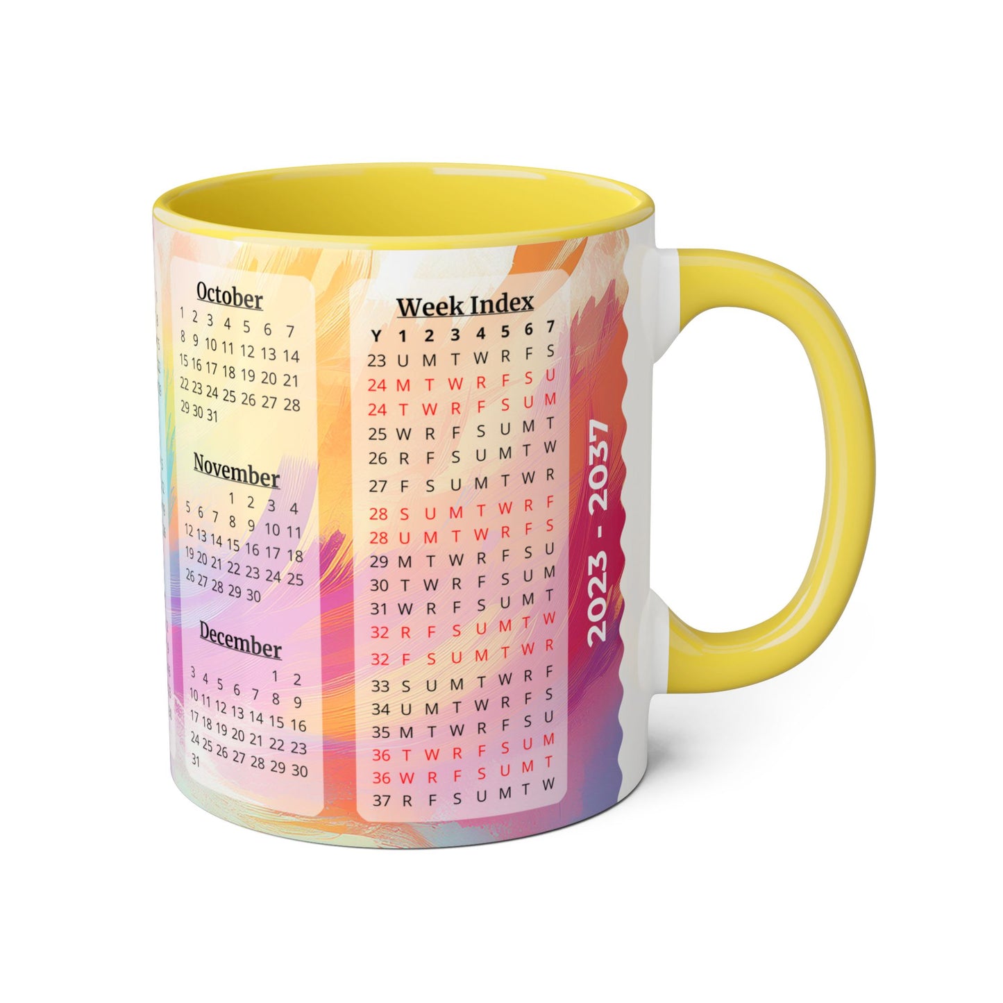 Palette of Pinks and Pastels · Calendar Mugs: 15-Year Calendar: 2023 to 2037 | Accent Mug (Small) (Pink/Red/Yellow).