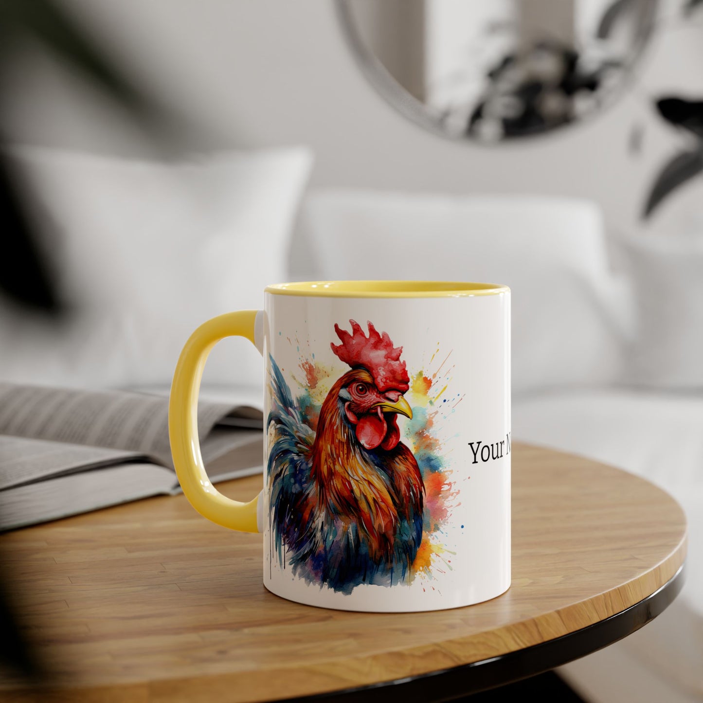 Majestic Rooster: Personalize It! Your Name and Font | Accent Mug (Small) (Black/Blue/Light Green/Pink/Red/Yellow) 🇨🇦🇺🇸