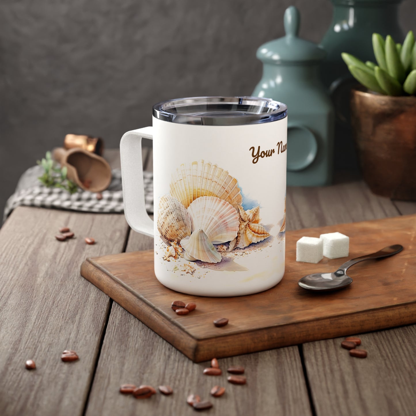 Serene Seashells Watercolor Art · Personalize It! Your Name, Font and Color | Insulated Coffee Mug