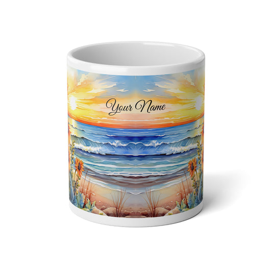 Sunflower on a Beach at Sunset, Personalize It! Your Name Your Font, Ceramic Mug (Large)