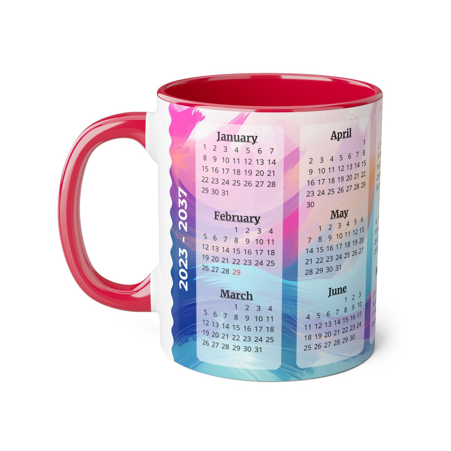 Palette of Pinks and Pastels · Calendar Mugs: 15-Year Calendar: 2023 to 2037 | Accent Mug (Small) (Pink/Red/Yellow).