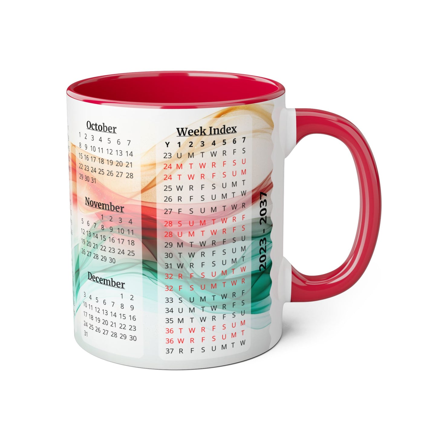 Seta Italiana · Calendar Mugs: 15-Year Calendar 2023 to 2037 | Accent Mug (Small) (Light Green/Red/Yellow).