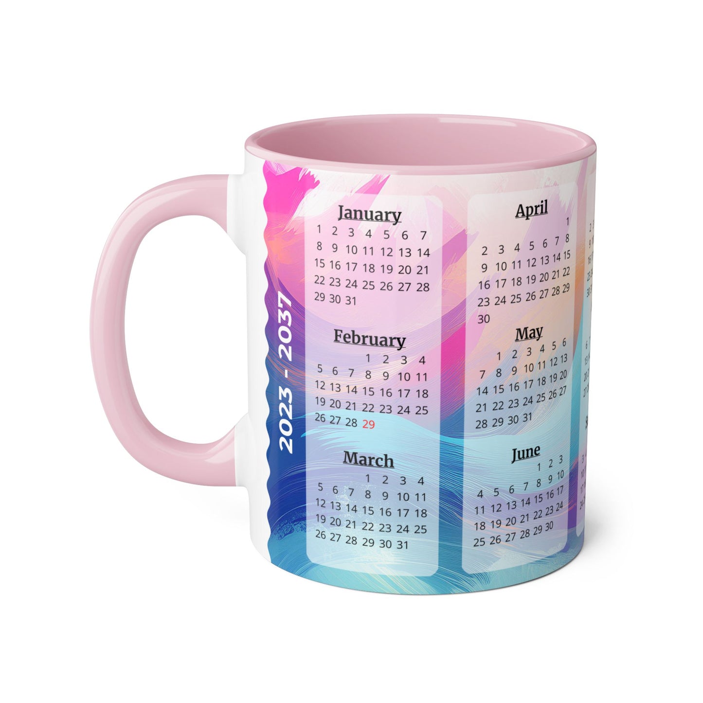 Palette of Pinks and Pastels · Calendar Mugs: 15-Year Calendar: 2023 to 2037 | Accent Mug (Small) (Pink/Red/Yellow).