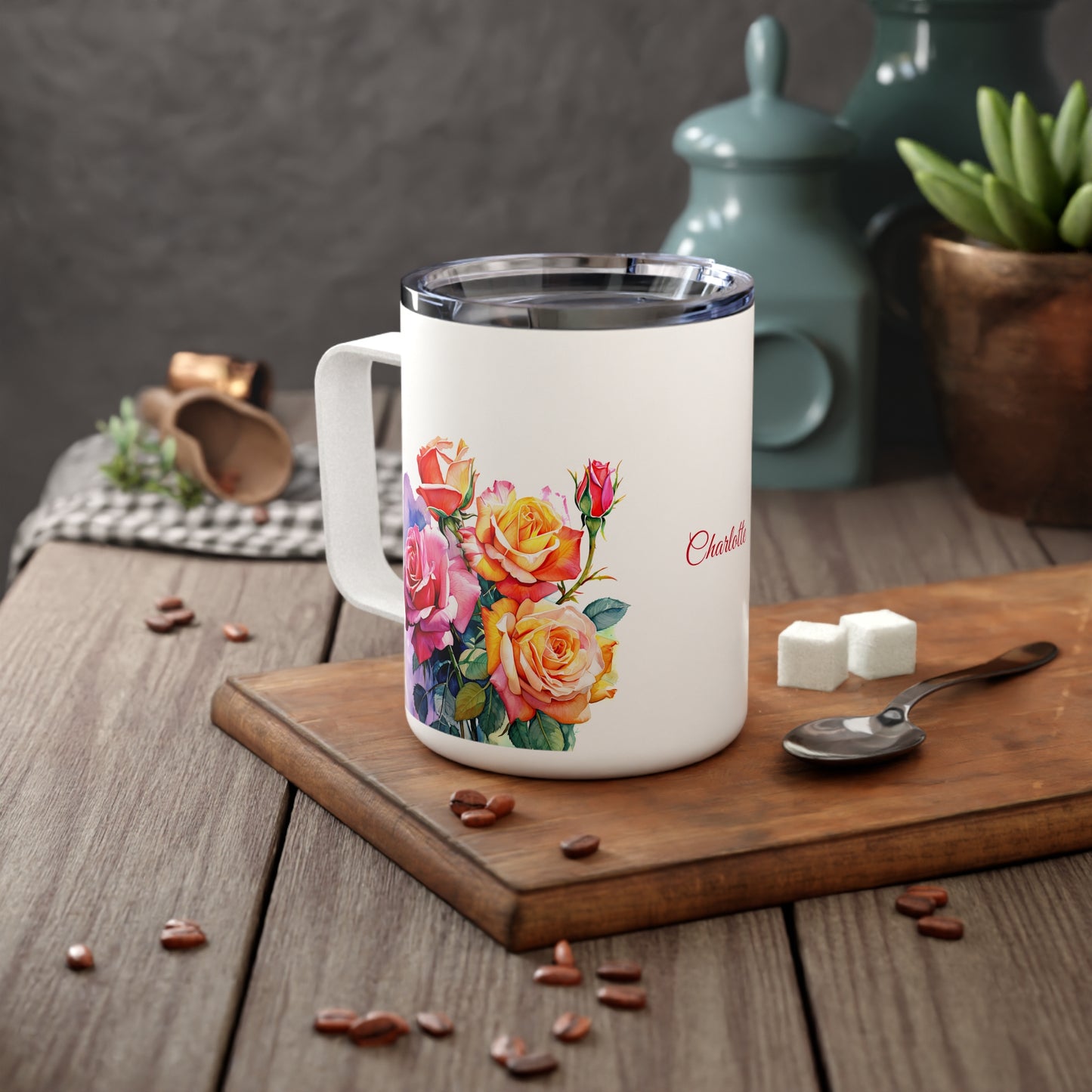 Roses Pink and Yellow: Personalize It! Your Name in Your Font Color | Insulated Coffee Mug