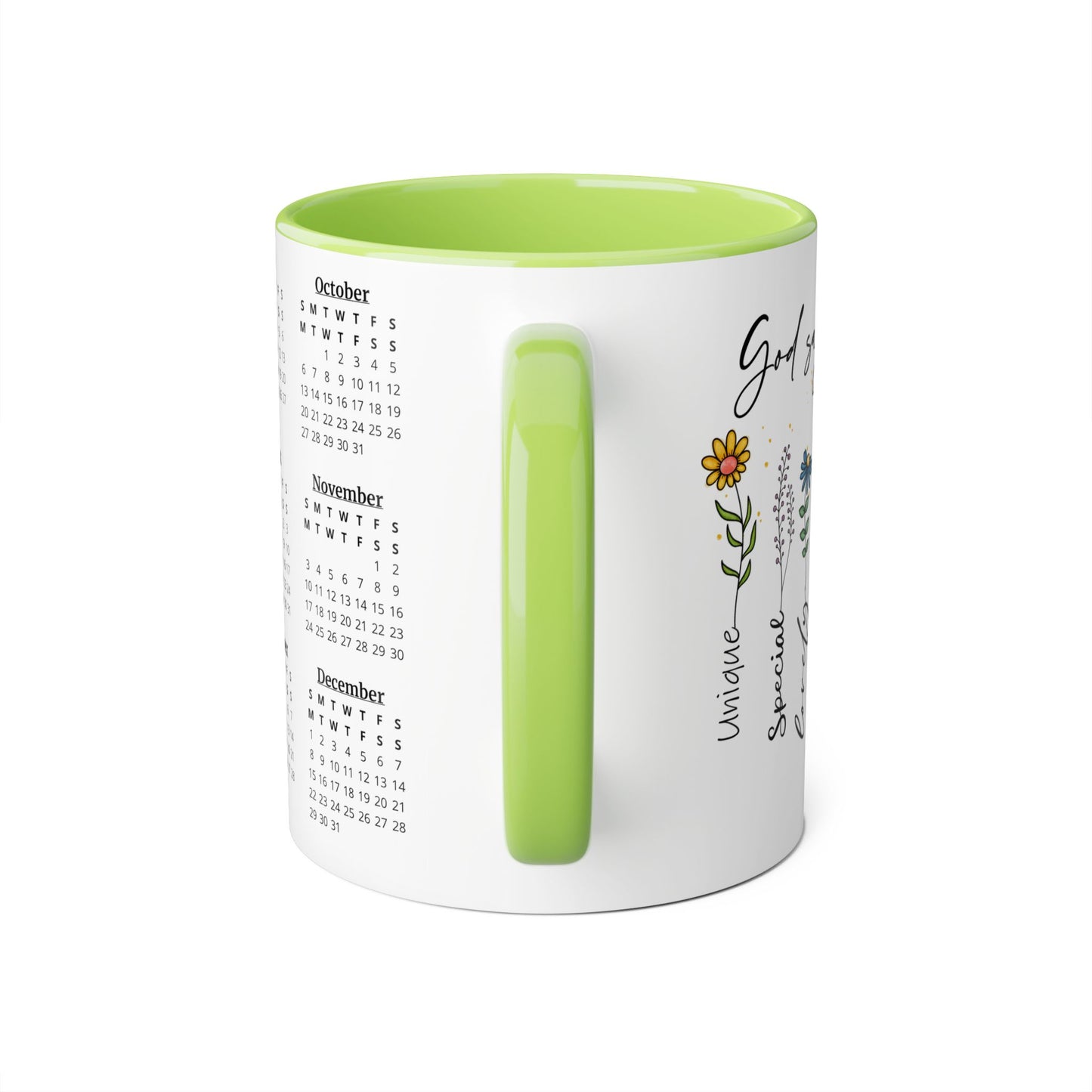 God Says You Are Flowers · Calendar Mugs: 2-Year Calendar 2024 to 2025 | Accent Mug (Small) (Black/Blue/Light Green/Pink/Red/Yellow).