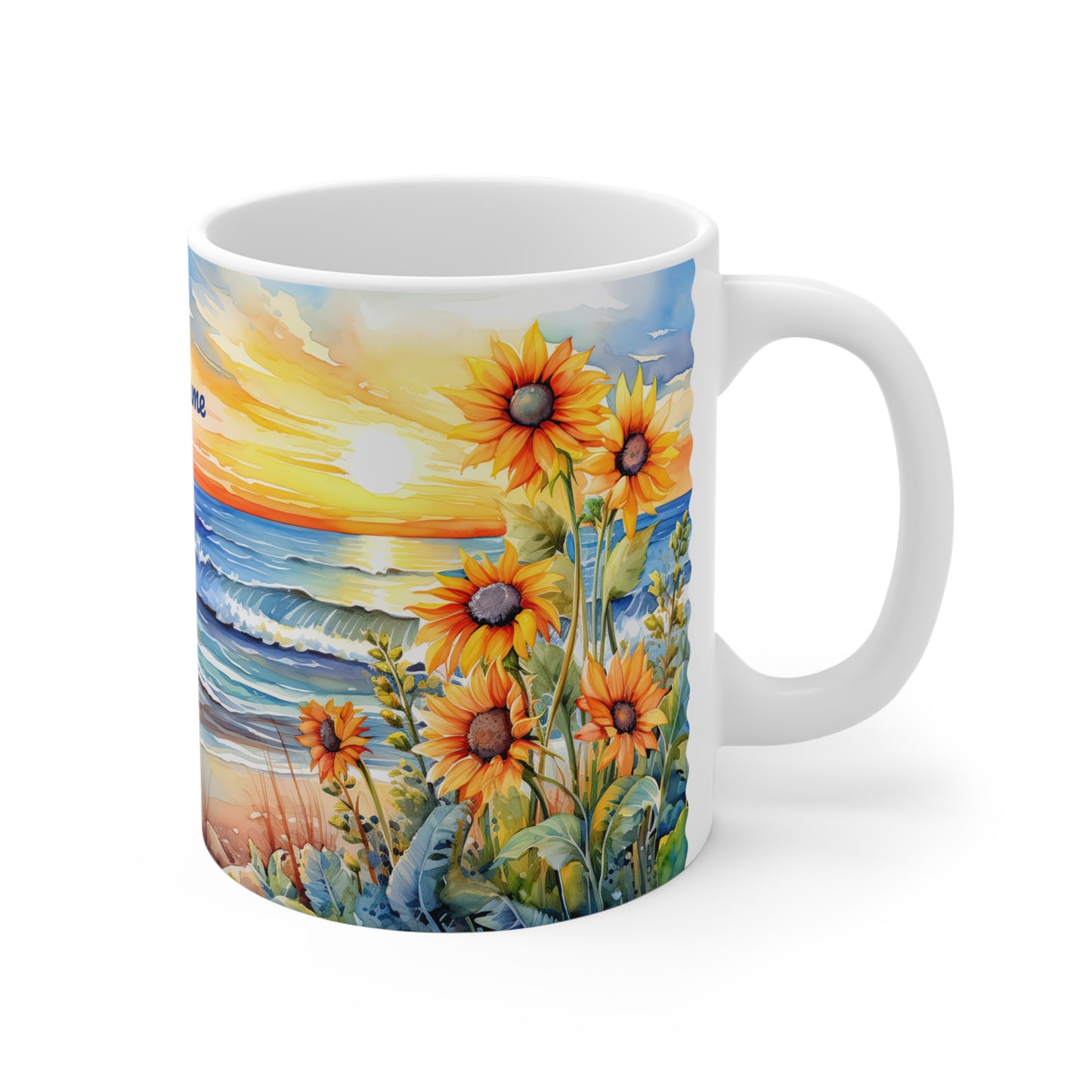 Sunset Beach Sunflowers Paradise · Personalize It! Your Name, Font and Color | Ceramic Mug (Small/Medium/Large).