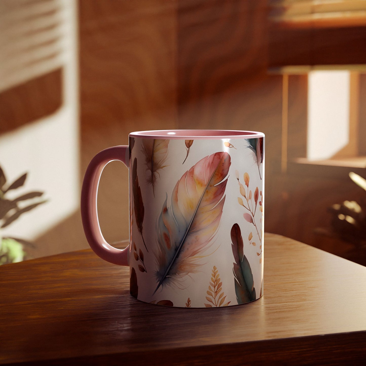 Watercolor Feathers and Foliage · Personalize It! Your Name | Accent Mug (Small) (Pink).