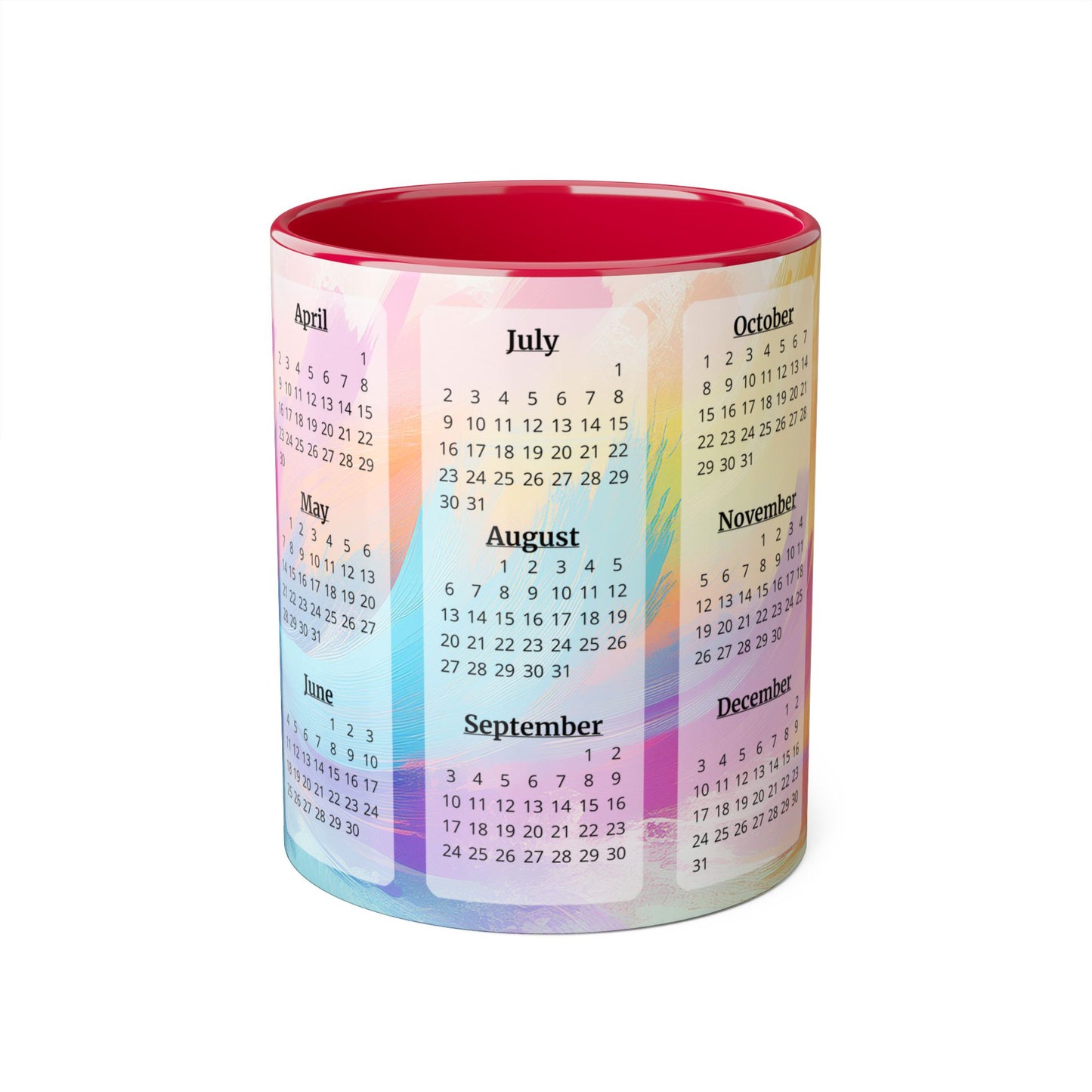 Palette of Pinks and Pastels · Calendar Mugs: 15-Year Calendar: 2023 to 2037 | Accent Mug (Small) (Pink/Red/Yellow).