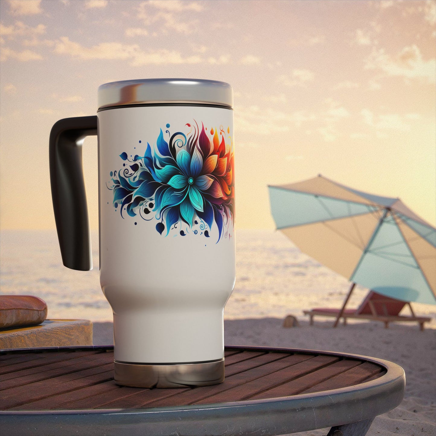 Vibrant Bloom Spectrum: Personalize It! Your Name, Your Font | Stainless Steel Travel Mug with Handle