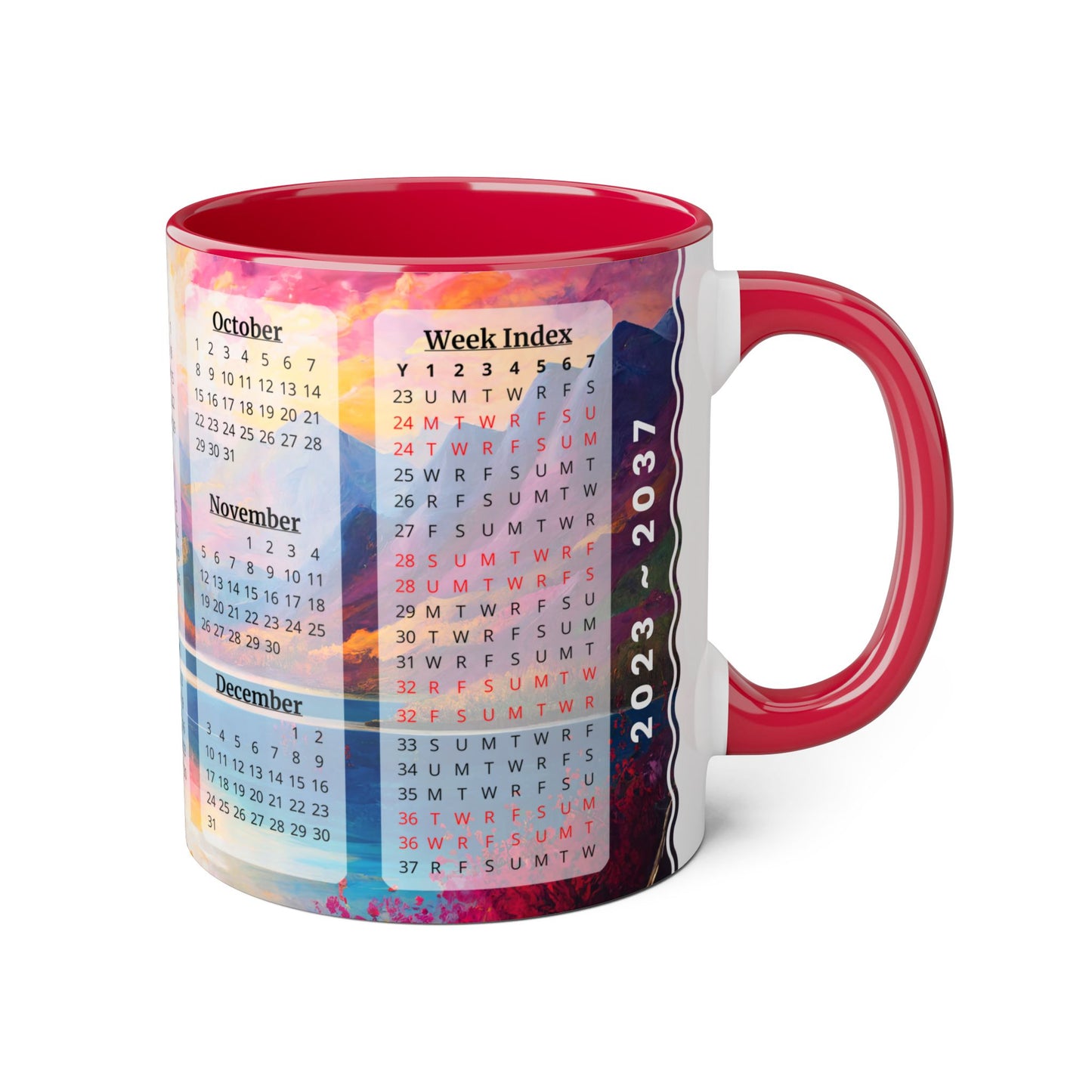 Autumn Lake · Calendar Mugs: 15-Year Calendar 2023 to 2037 | Accent Mug (Small) (Blue/Pink/Red/Yellow).