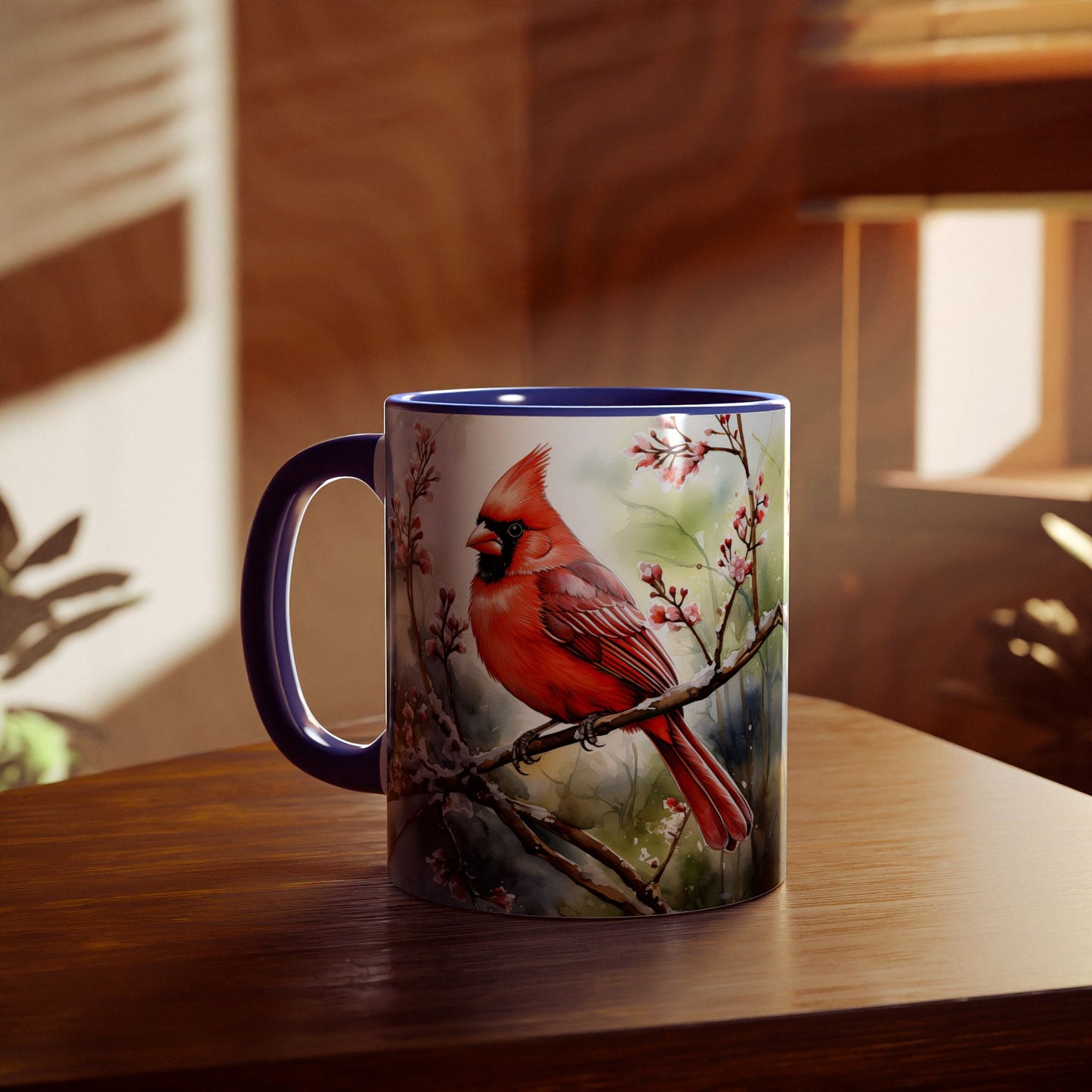 Winter Cardinals Dream Art | Accent Mug (Small) (Navy Blue/Pink/Red/Yellow).