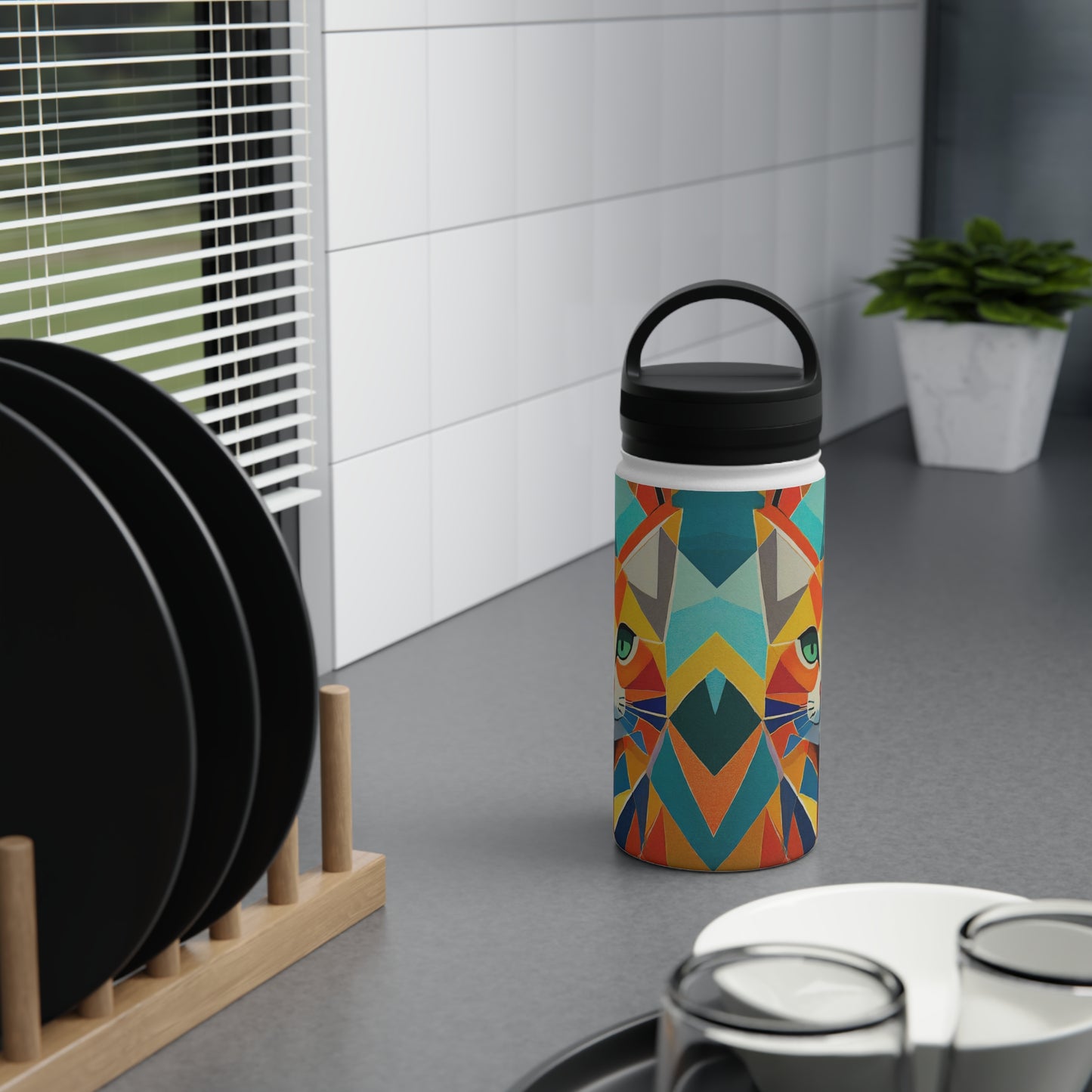 Geometric Feline Fusion | Stainless Steel Water Bottle Handle Lid (Small/Medium)