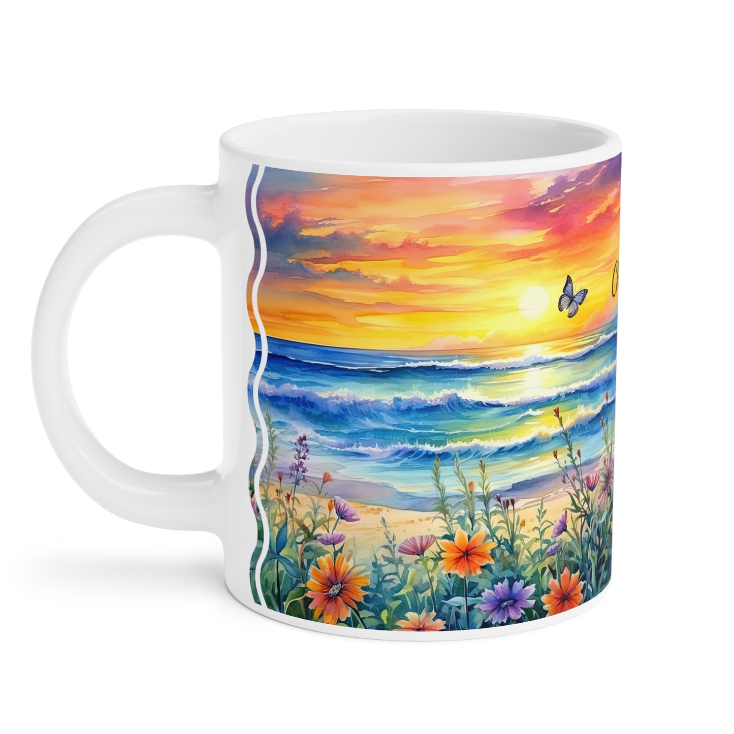 Beach Sunset and Butterflies: Personalize It! Your Name Your Font | Ceramic Mug (Large)