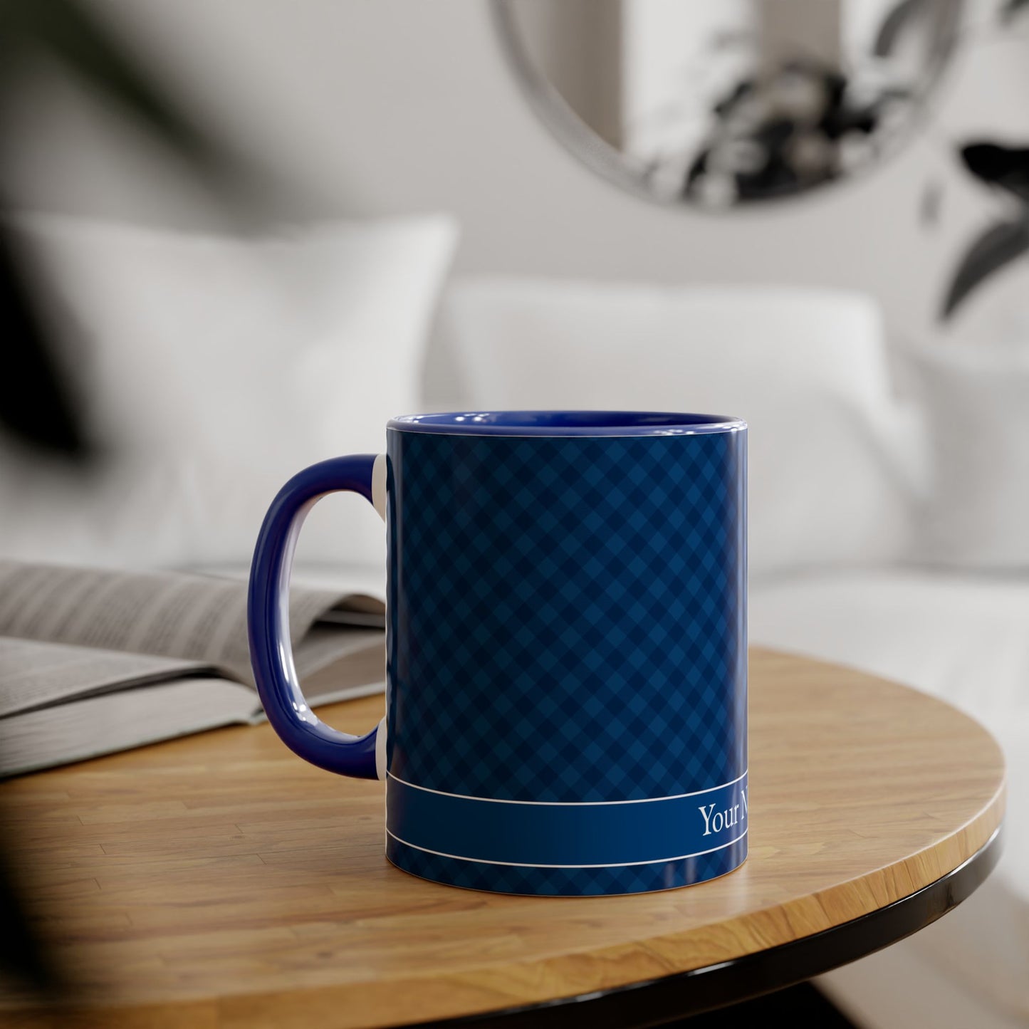 Navy Blue Diagonal Plaid · Personalize It! Your Name | Accent Mug (Small) (Blue).