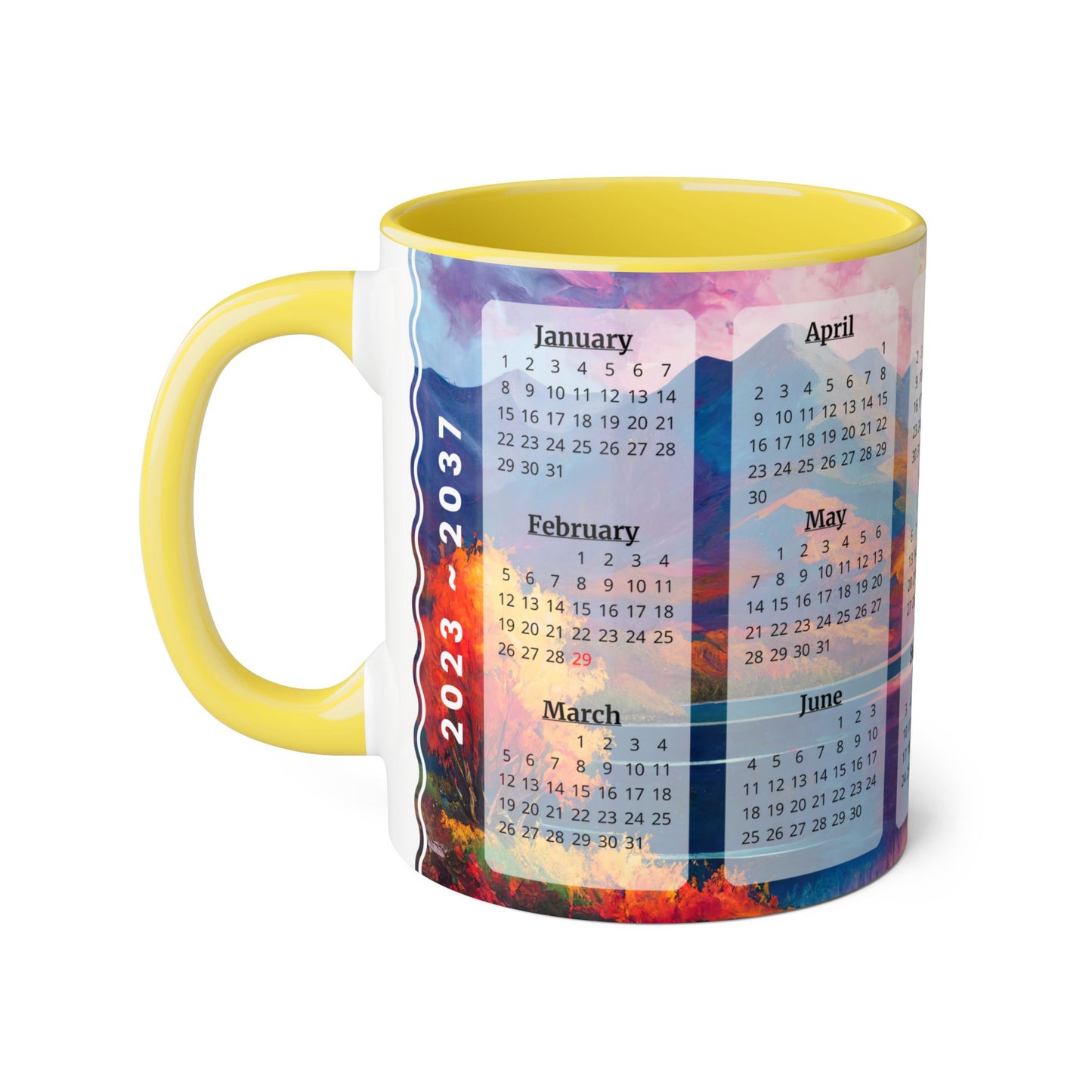 Autumn Lake · Calendar Mugs: 15-Year Calendar 2023 to 2037 | Accent Mug (Small) (Blue/Pink/Red/Yellow).