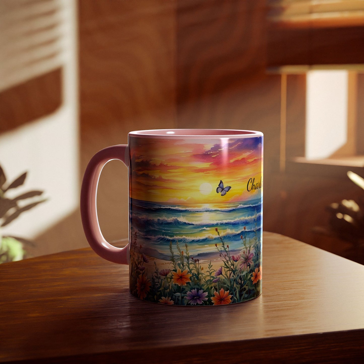 Beach Sunset and Butterflies: Personalize It! Your Name Your Font | Accent Mug (Small) (Blue/Light Green/Pink/Red/Yellow)