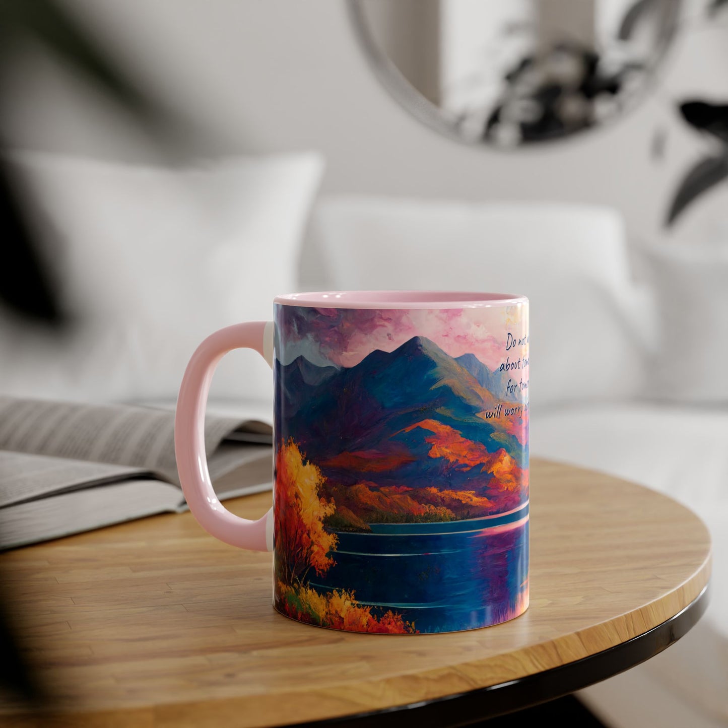 Autumn Lake · Customize It! Your Text or Quote | Accent Mug (Small) (Blue/Pink/Red/Yellow).