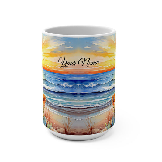 Sunflower on a Beach at Sunset, Personalize It! Your Name Your Font, Ceramic Mug (Medium)