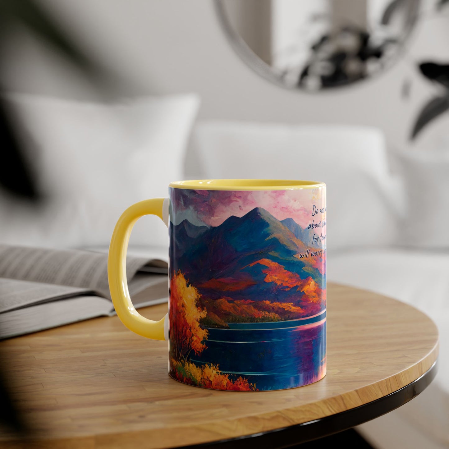 Autumn Lake · Customize It! Your Text or Quote | Accent Mug (Small) (Blue/Pink/Red/Yellow).