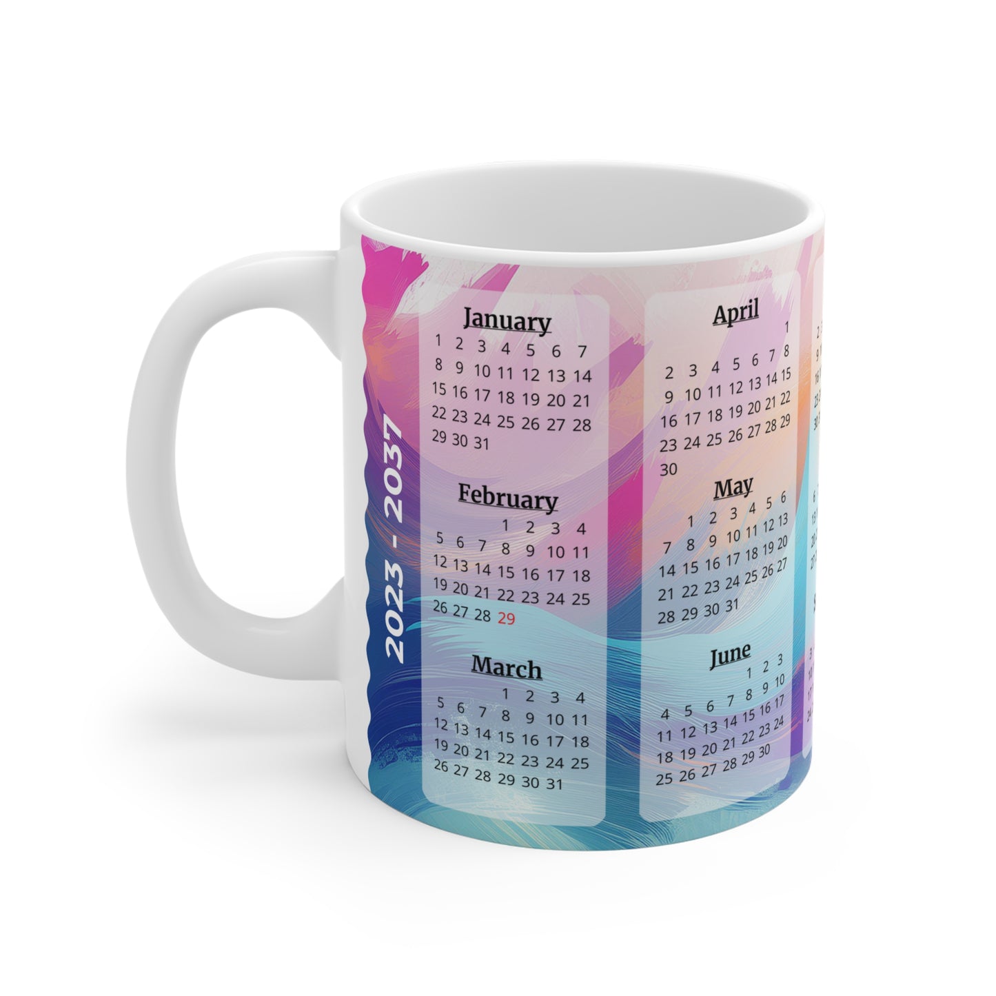 Palette of Pinks and Pastels · Calendar Mugs: 15-Year Calendar: 2023 to 2037 | Ceramic Mug (Small/Medium/Large).