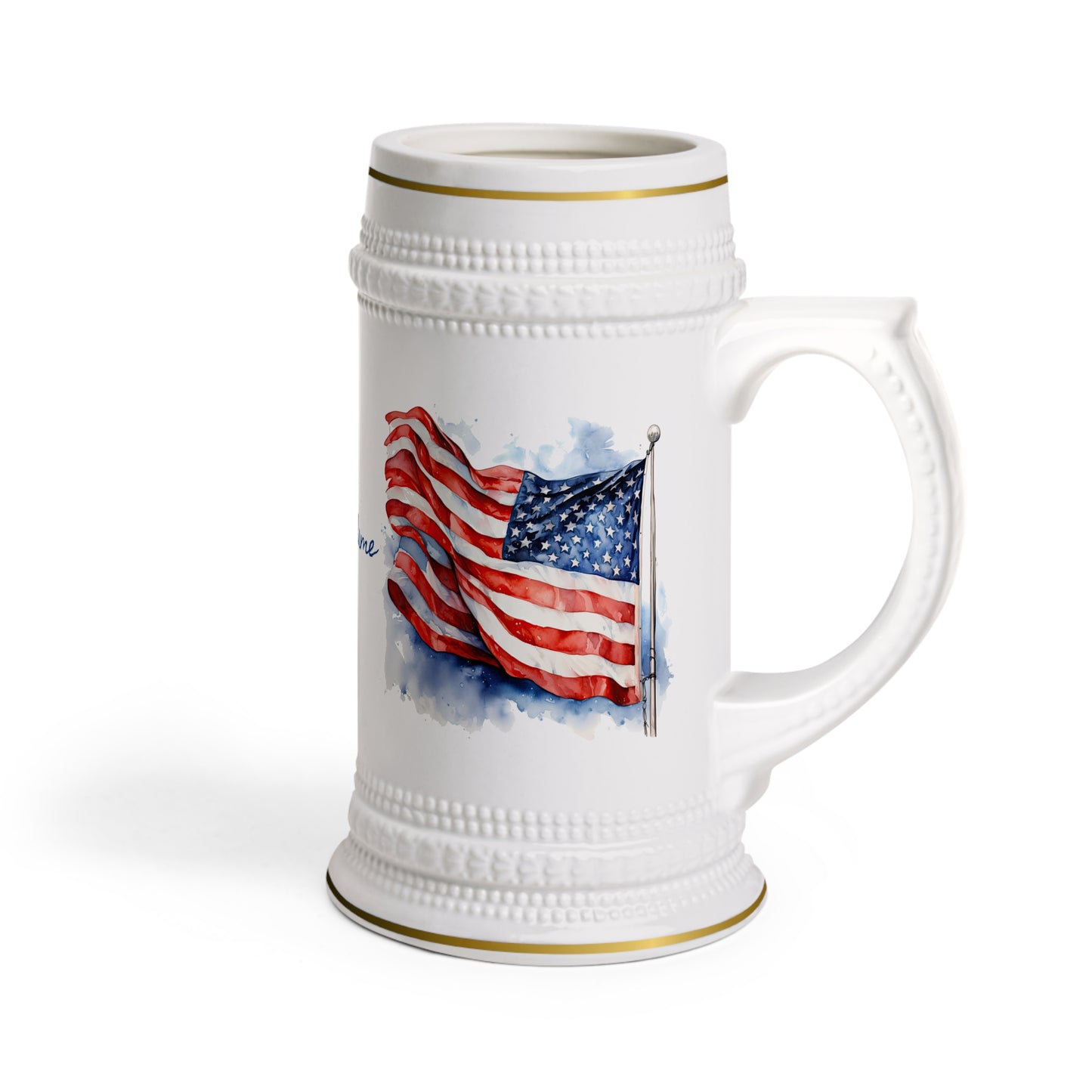 Watercolor American Flag in the Wind · Personalize It! Your Name and Font | Stein Mug.