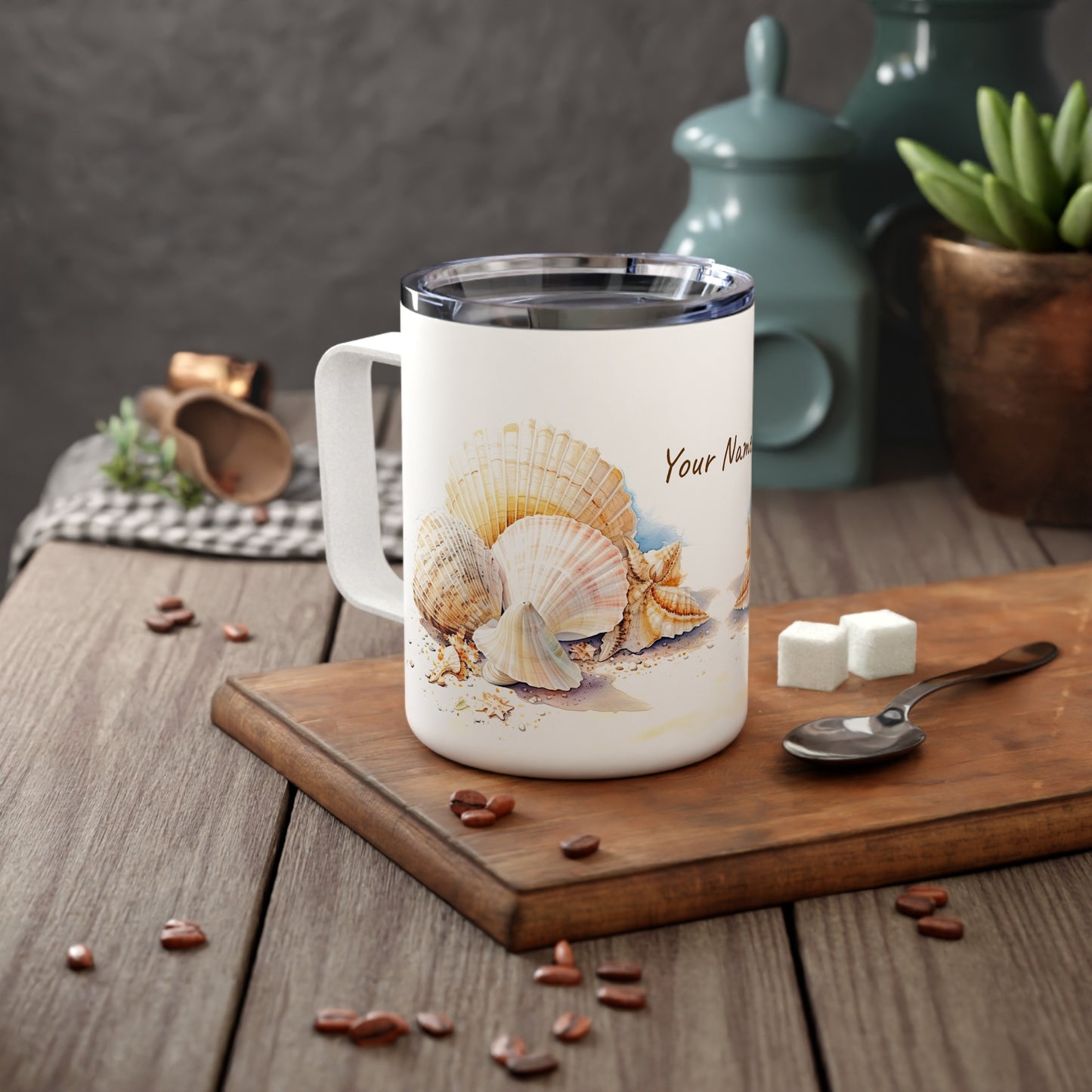 Serene Seashells Watercolor Art: Personalize It! Your Name, Font and Color | Insulated Coffee Mug 🇺🇸🇨🇦