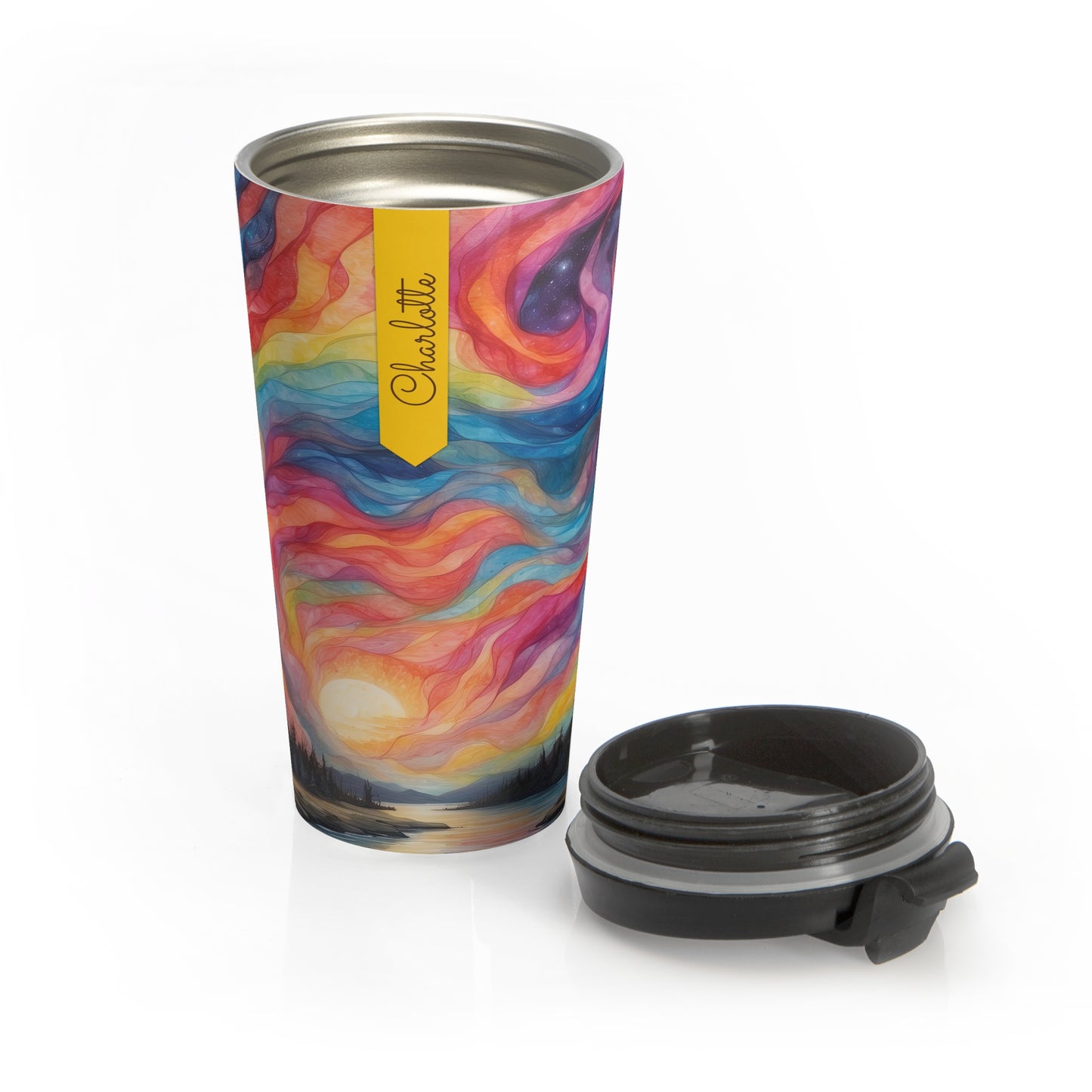 Prismatic Northern Lights Sunset: Personalize It! Your Name and Font | Stainless Steel Travel Mug 🇺🇸