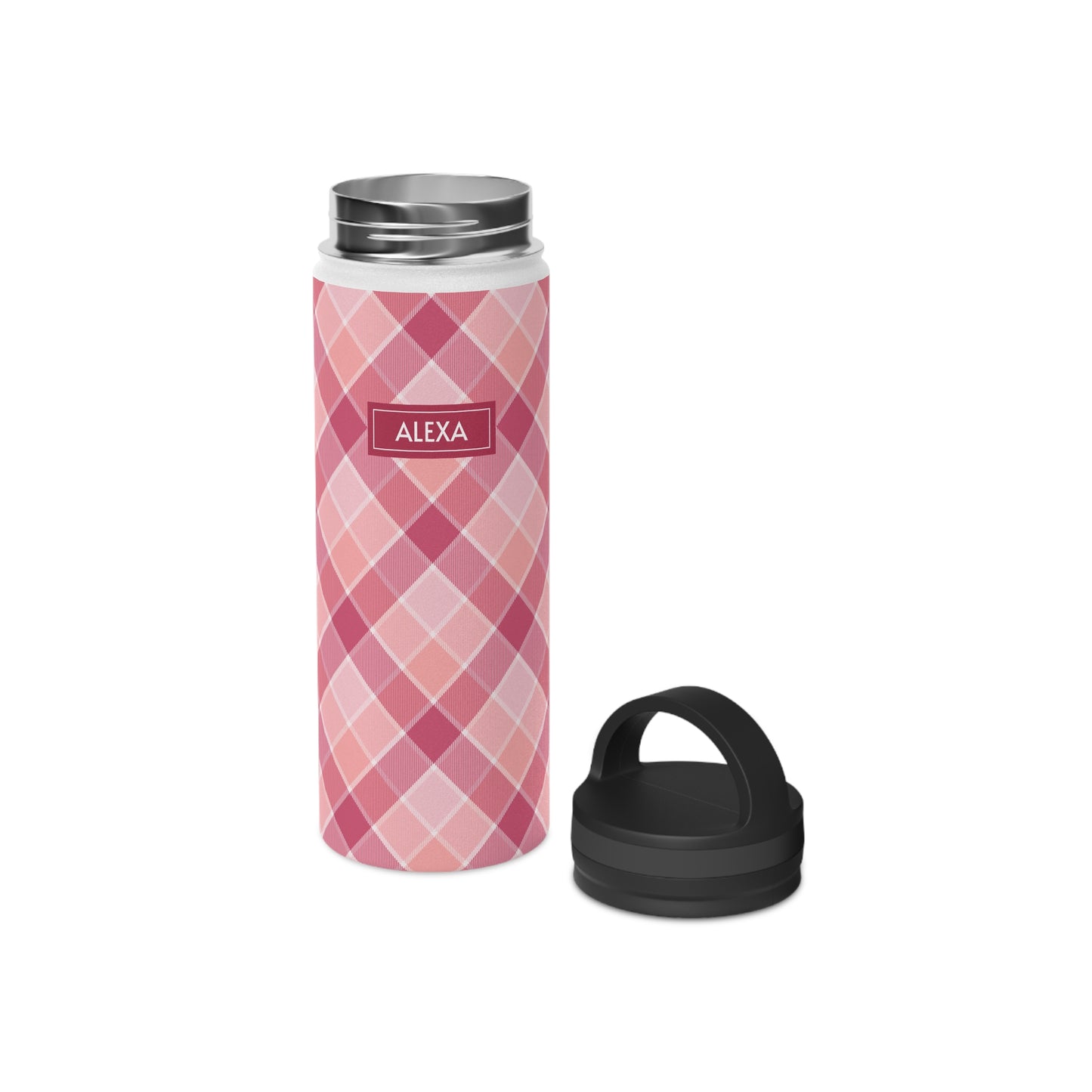 Pink Check No 5 Diagonal Plaid, Personalize It! Your Name, Stainless Steel Water Bottle Handle Lid (Small/Medium)