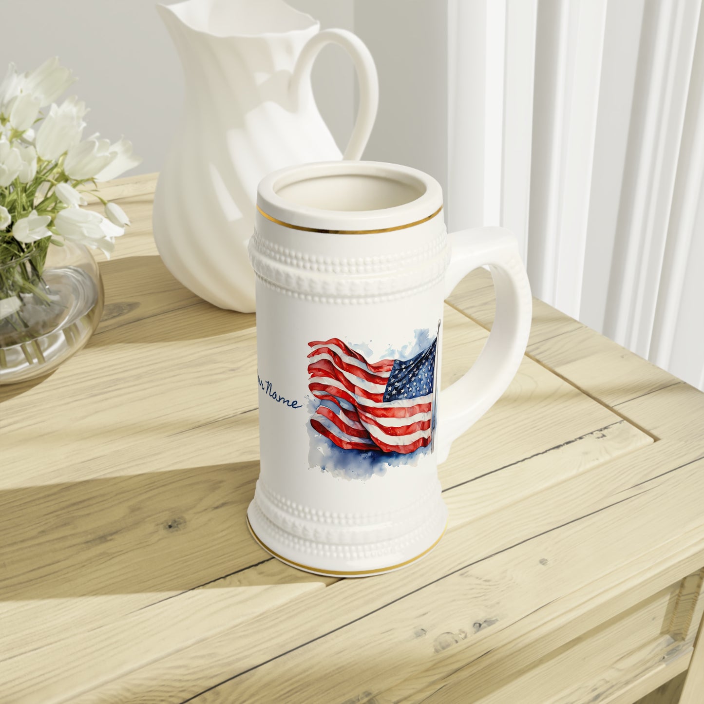 Watercolor American Flag in the Wind · Personalize It! Your Name and Font | Stein Mug.