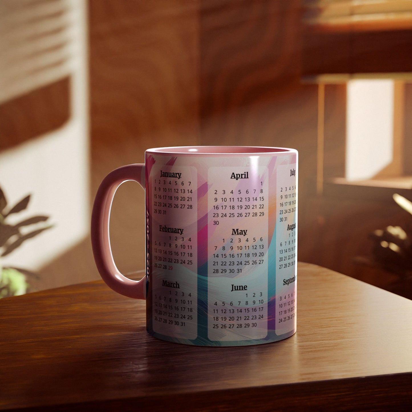 Palette of Pinks and Pastels · Calendar Mugs: 15-Year Calendar: 2023 to 2037 | Accent Mug (Small) (Pink/Red/Yellow).