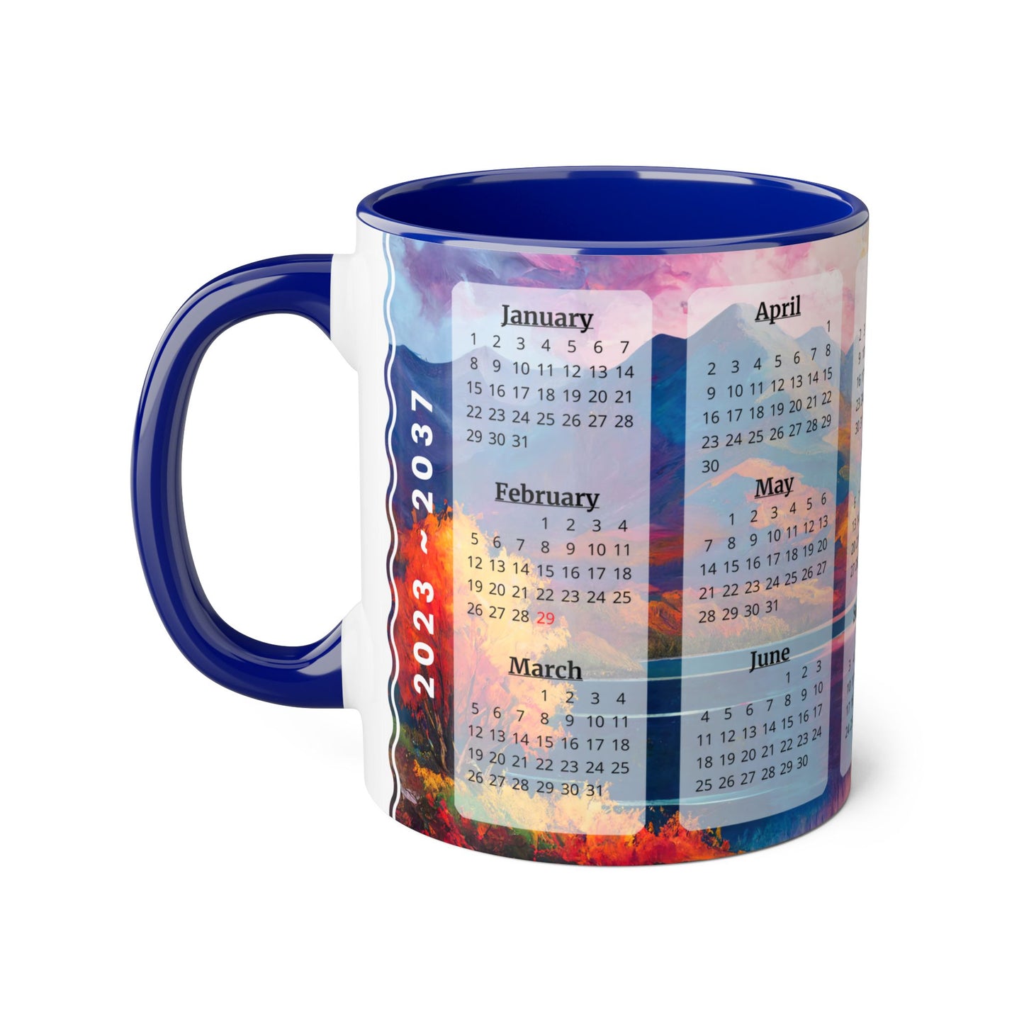 Autumn Lake · Calendar Mugs: 15-Year Calendar 2023 to 2037 | Accent Mug (Small) (Blue/Pink/Red/Yellow).