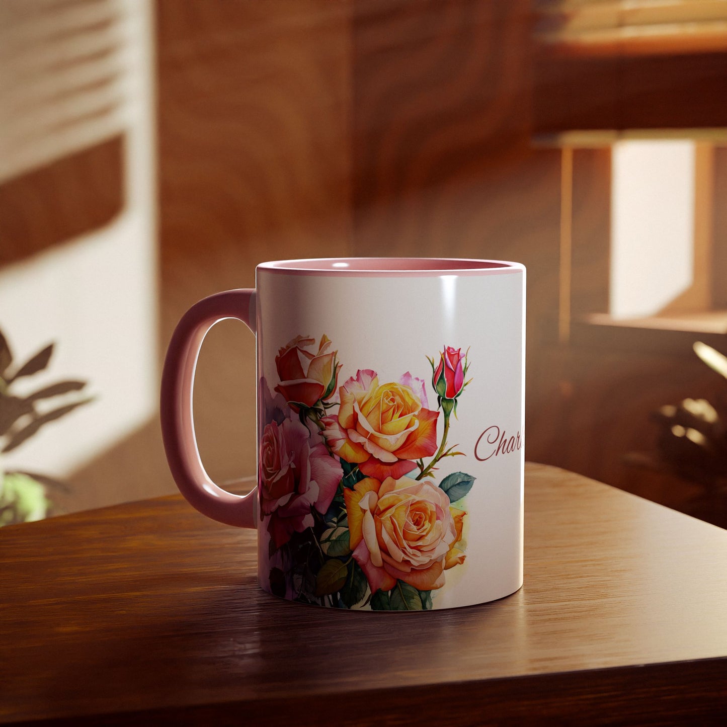 Roses Pink and Yellow · Personalize It! Your Name, Font and Color | Accent Mug (Small) (Light Green/Pink/Red/Yellow).