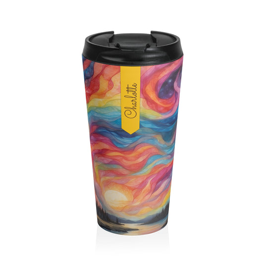 Prismatic Northern Lights Sunset: Personalize It! Your Name and Font | Stainless Steel Travel Mug 🇺🇸