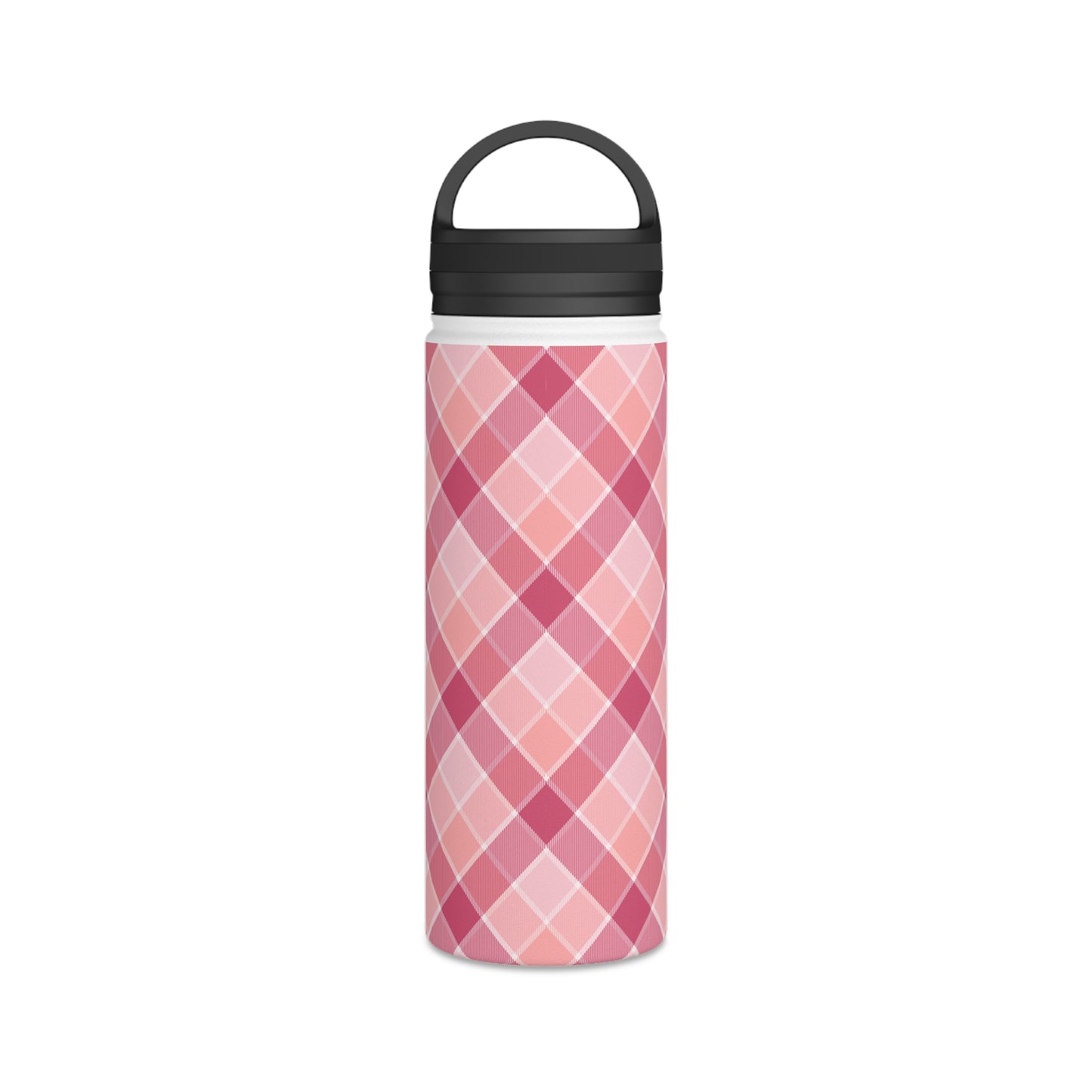 Pink Check No 5 Diagonal Plaid, Personalize It! Your Name, Stainless Steel Water Bottle Handle Lid (Small/Medium)