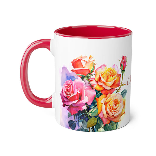 Roses Pink and Yellow · Personalize It! Your Name, Font and Color | Accent Mug (Small) (Light Green/Pink/Red/Yellow).