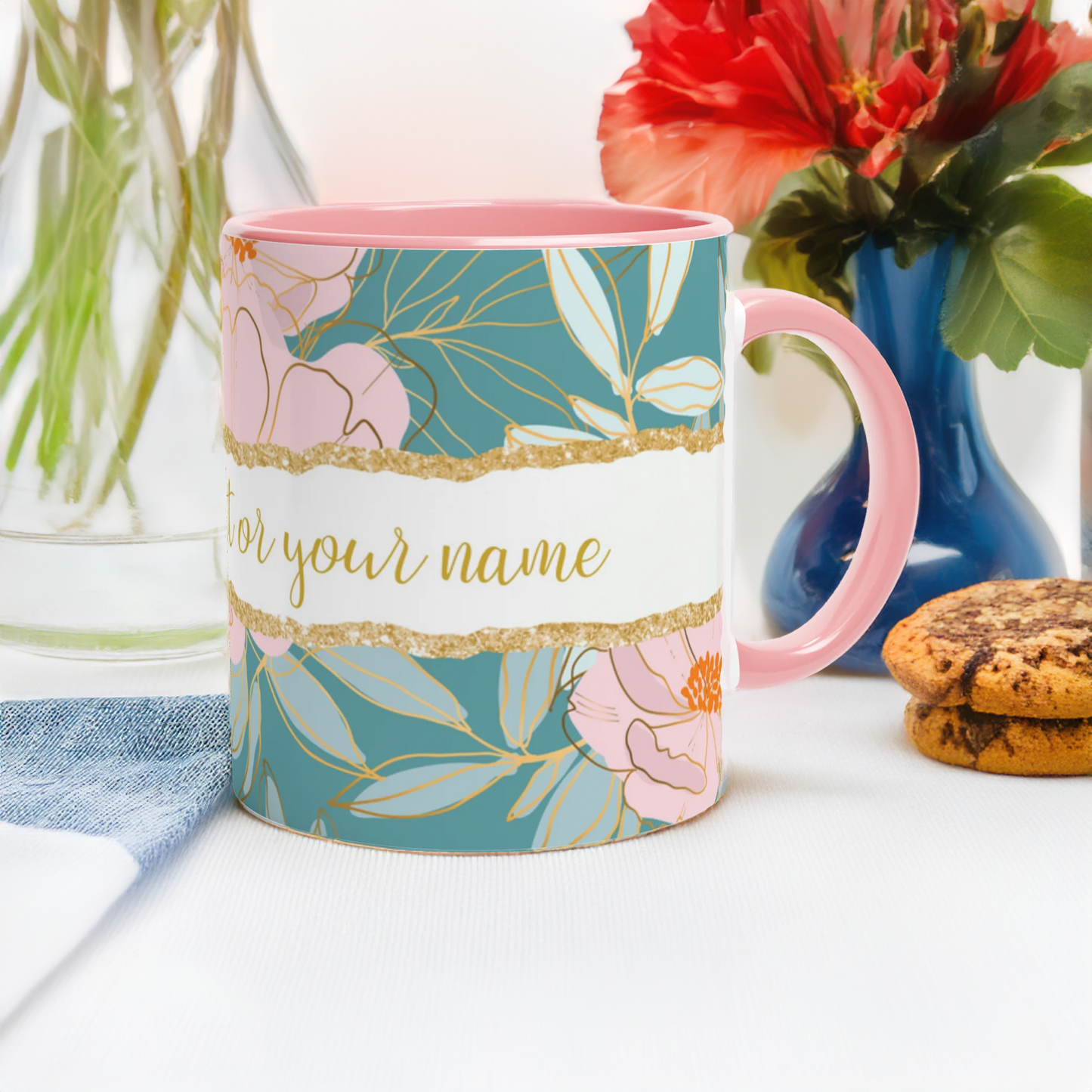 Floral Pink and Gold Pattern, Personalize It! Your-Name Your-Text, Accent Mug (Small) (Light Green/Pink)